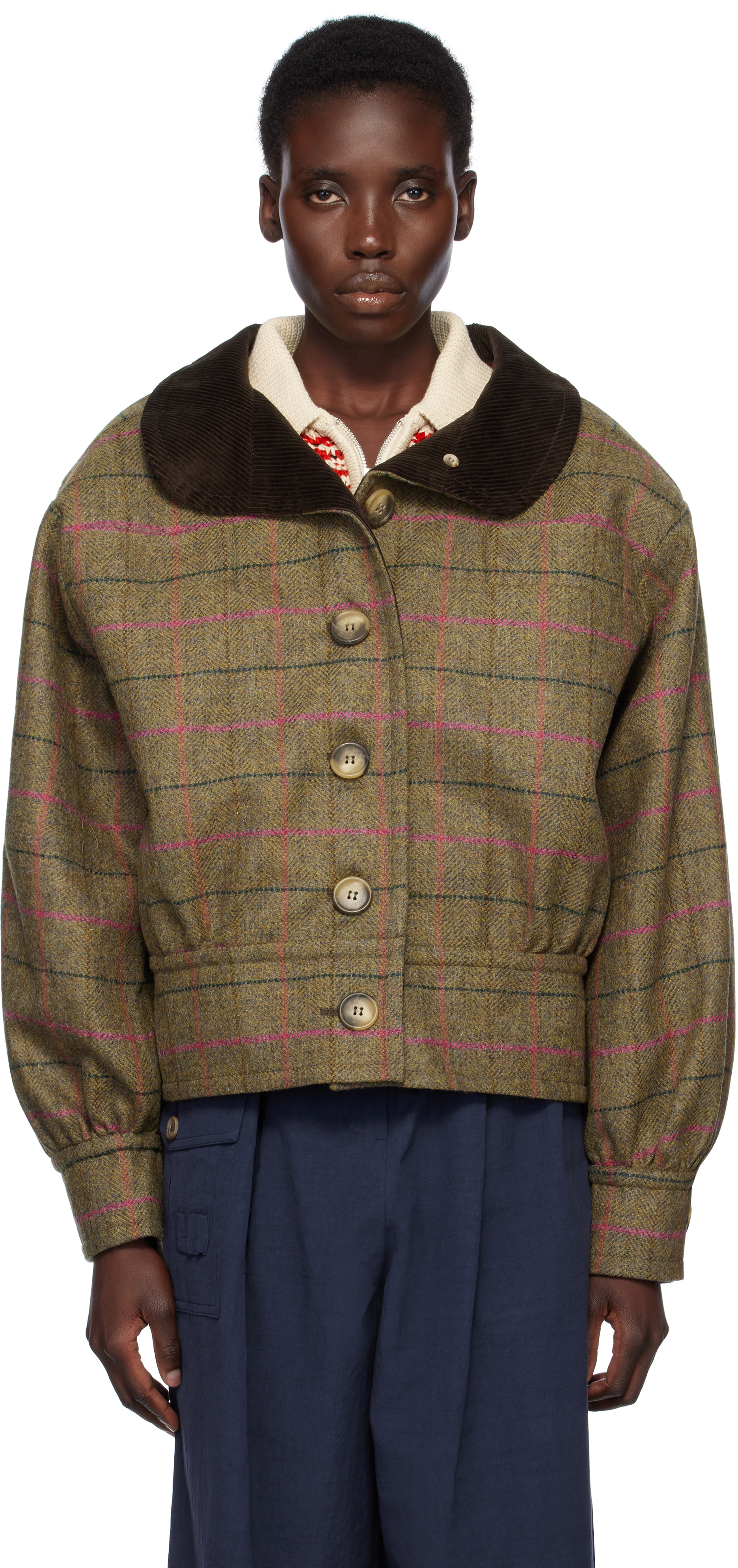 Shop Caro Editions Khaki Beatrice Jacket In Pink Stripe Tartan
