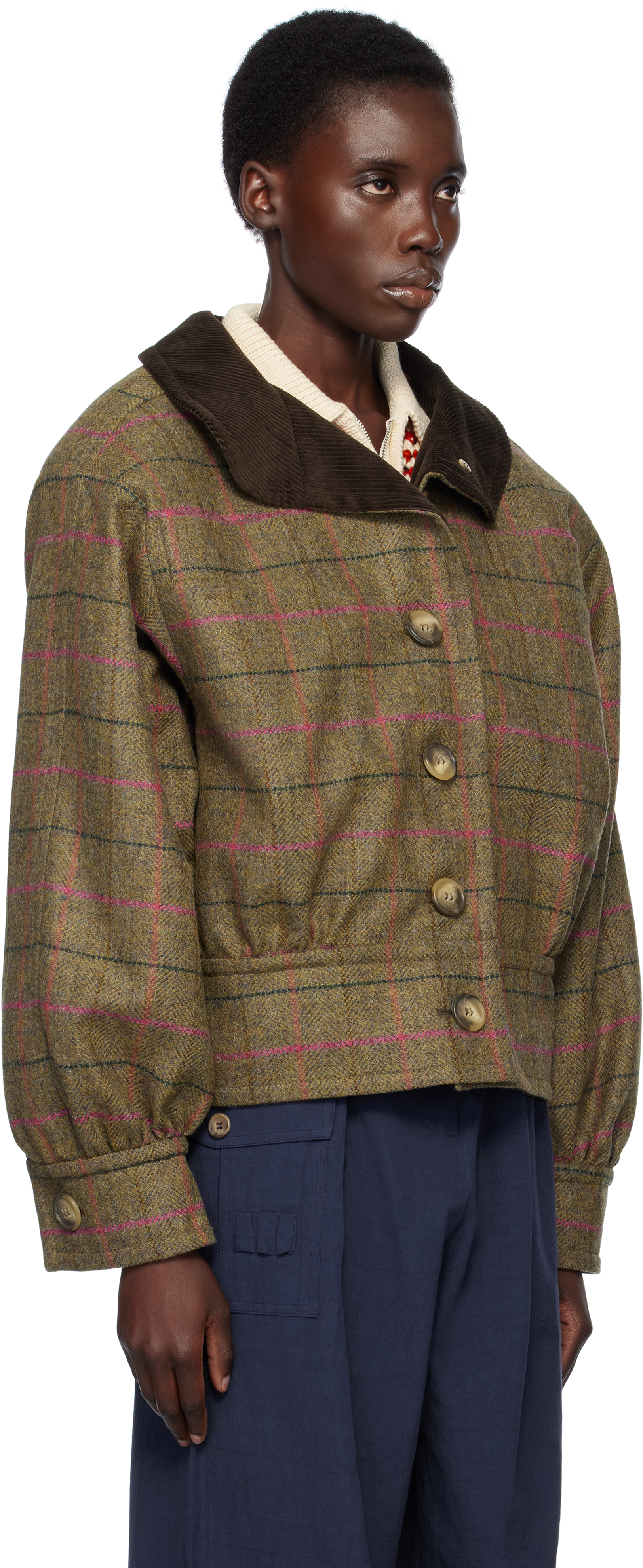 Shop Caro Editions Khaki Beatrice Jacket In Pink Stripe Tartan