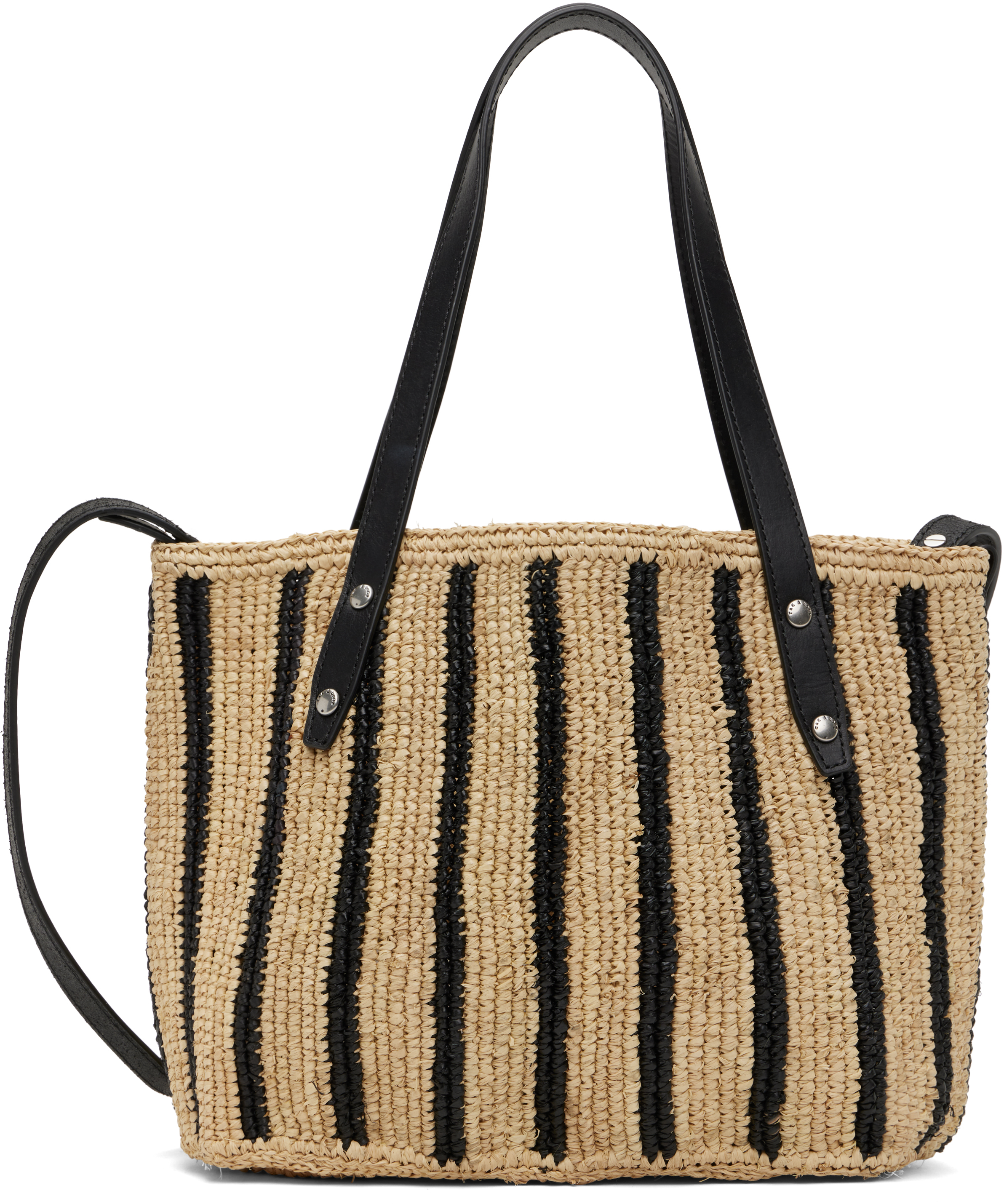 Beige & Black Small Striped Straw Tote