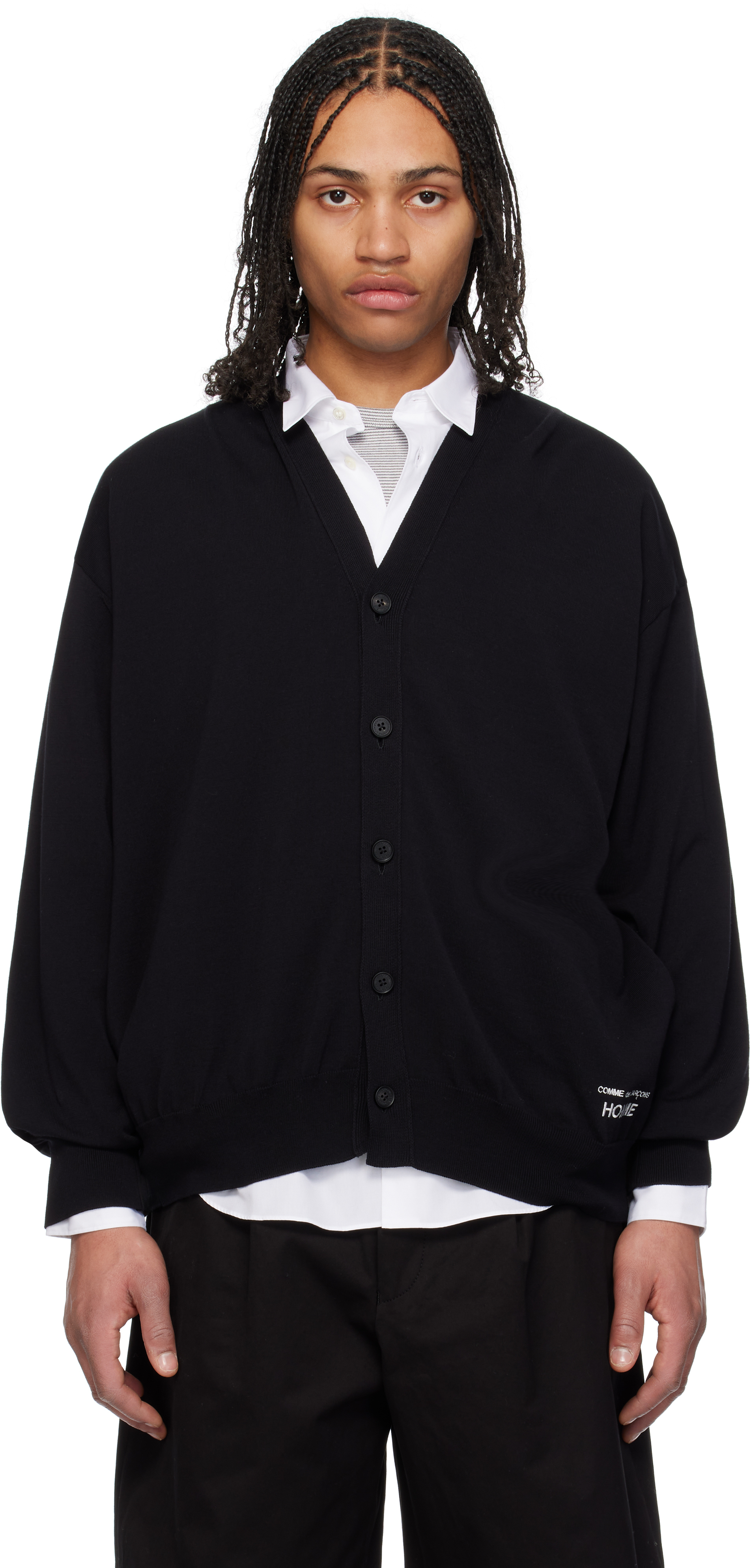 Black Cotton V-Neck Cardigan by Comme des Garçons Homme on Sale