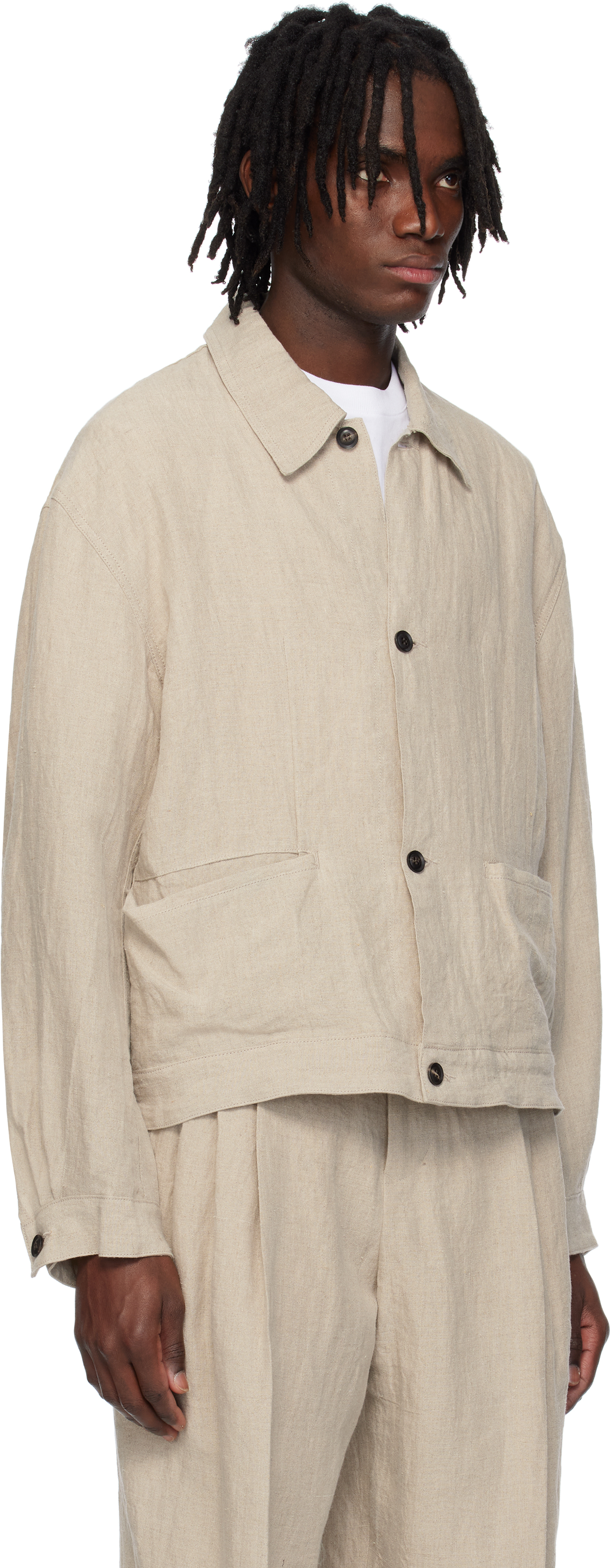 SOSHIOTSUKI BEIGE LINEN WASHER MANIPULATION DRAPE POCKET JACKET