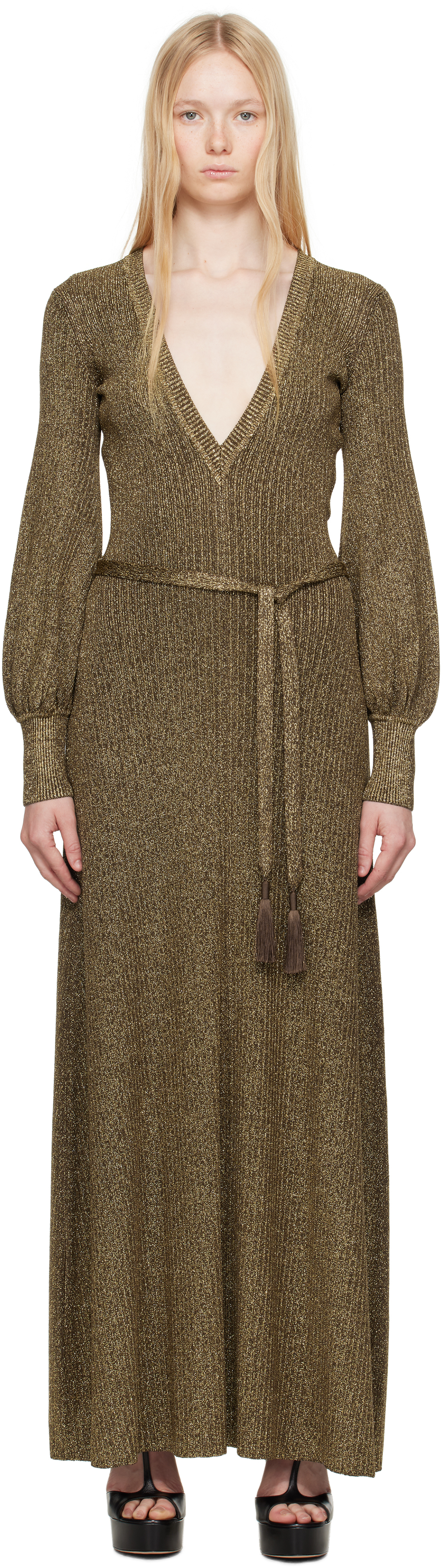 Tom Ford Gold & Brown Long V-neck Open Back Maxi Dress