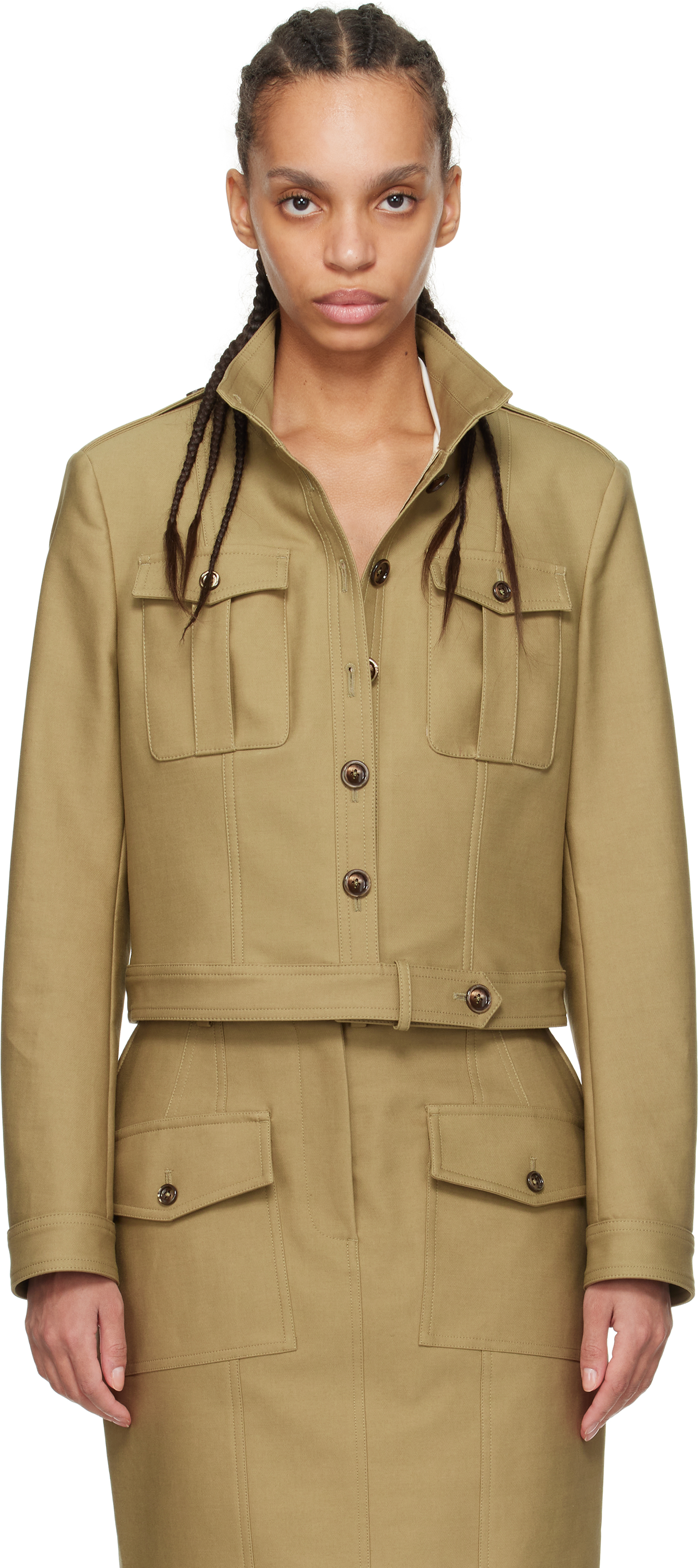 Khaki Stand Collar Cropped Safari Jacket