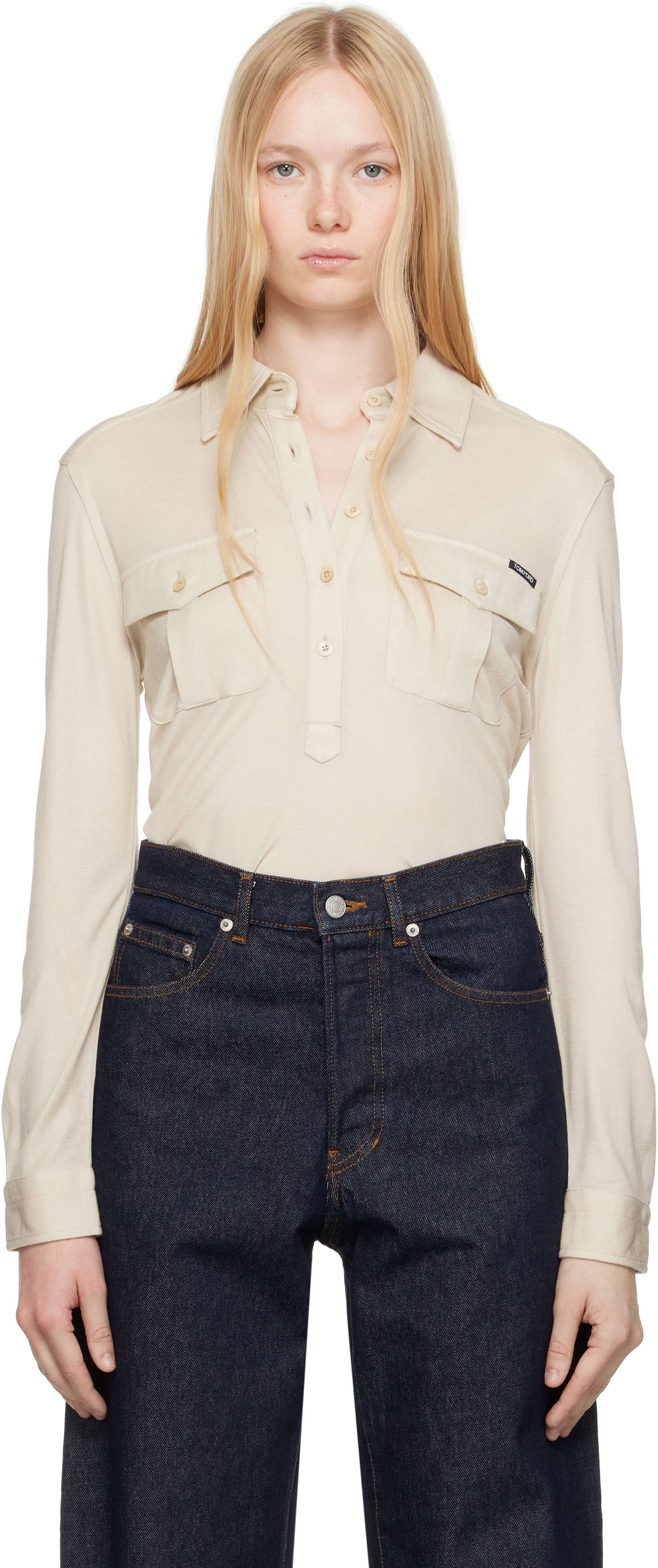 Tom Ford Beige Jersey Long Sleeve Military Polo