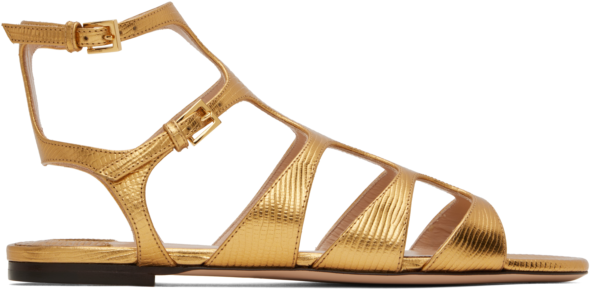 【関税込み】TOM FORD ゴールド ラミネート ヒールサンダル TOM FORDのゴールド ラミネート プリンテッド リザード サンダル