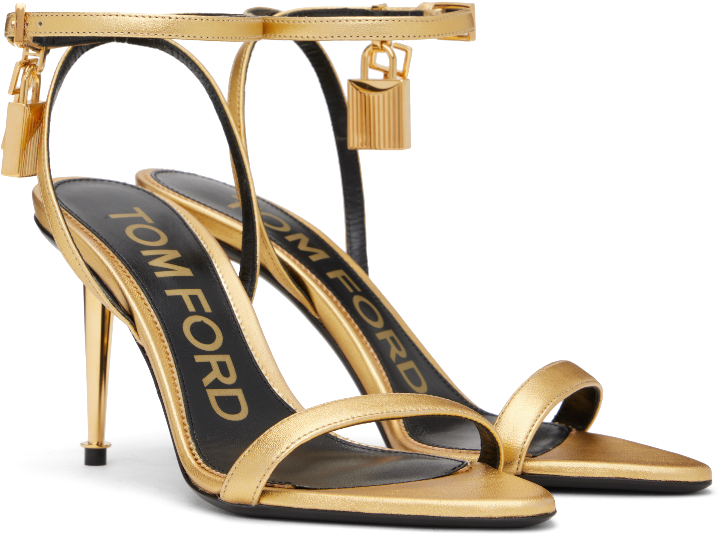 Tom Ford Gold Padlock Pointy Naked Heeled Sandals In 1y004 Gold