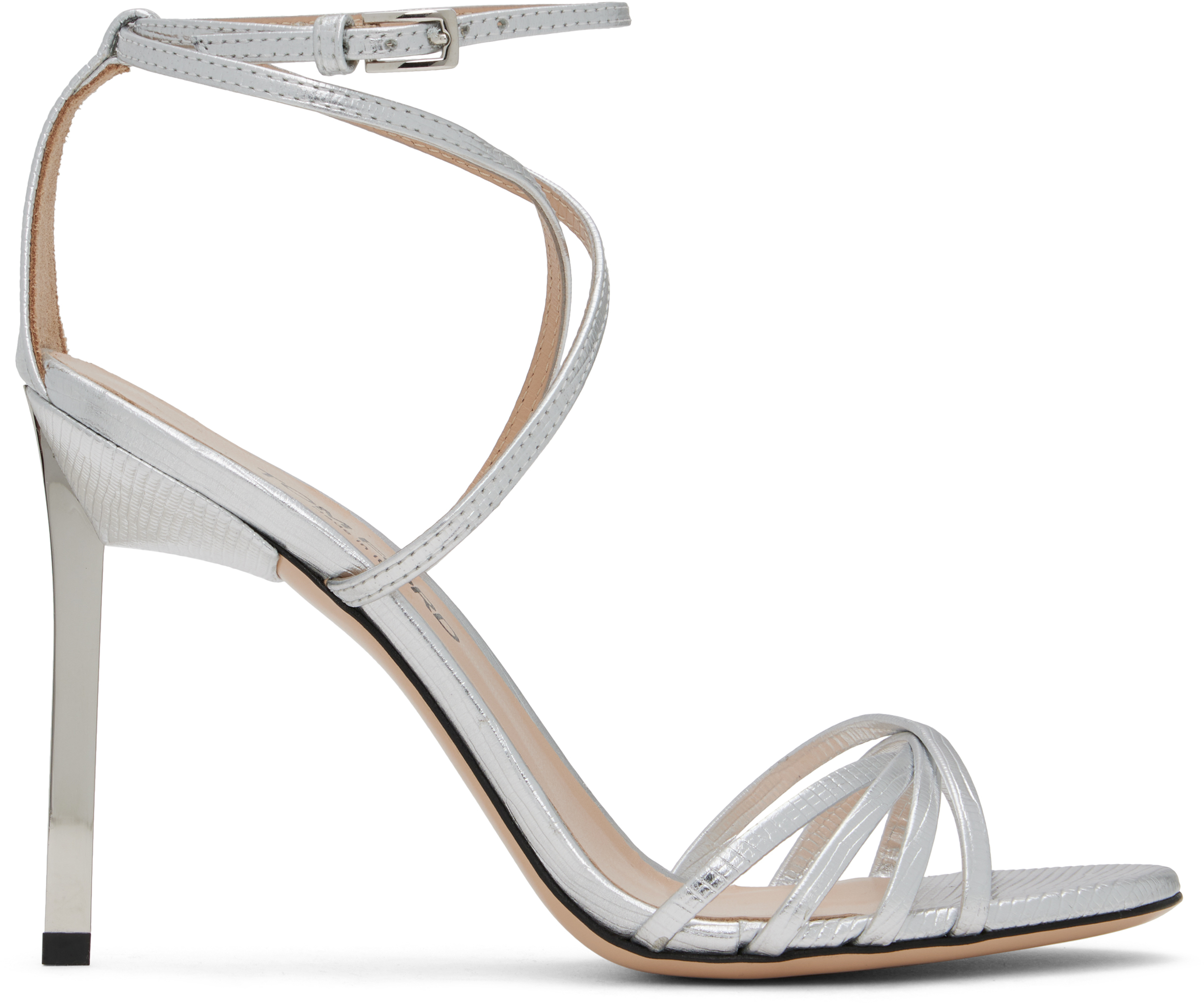 Silver Laminated Printed Lizard Ida Heeled Sandals