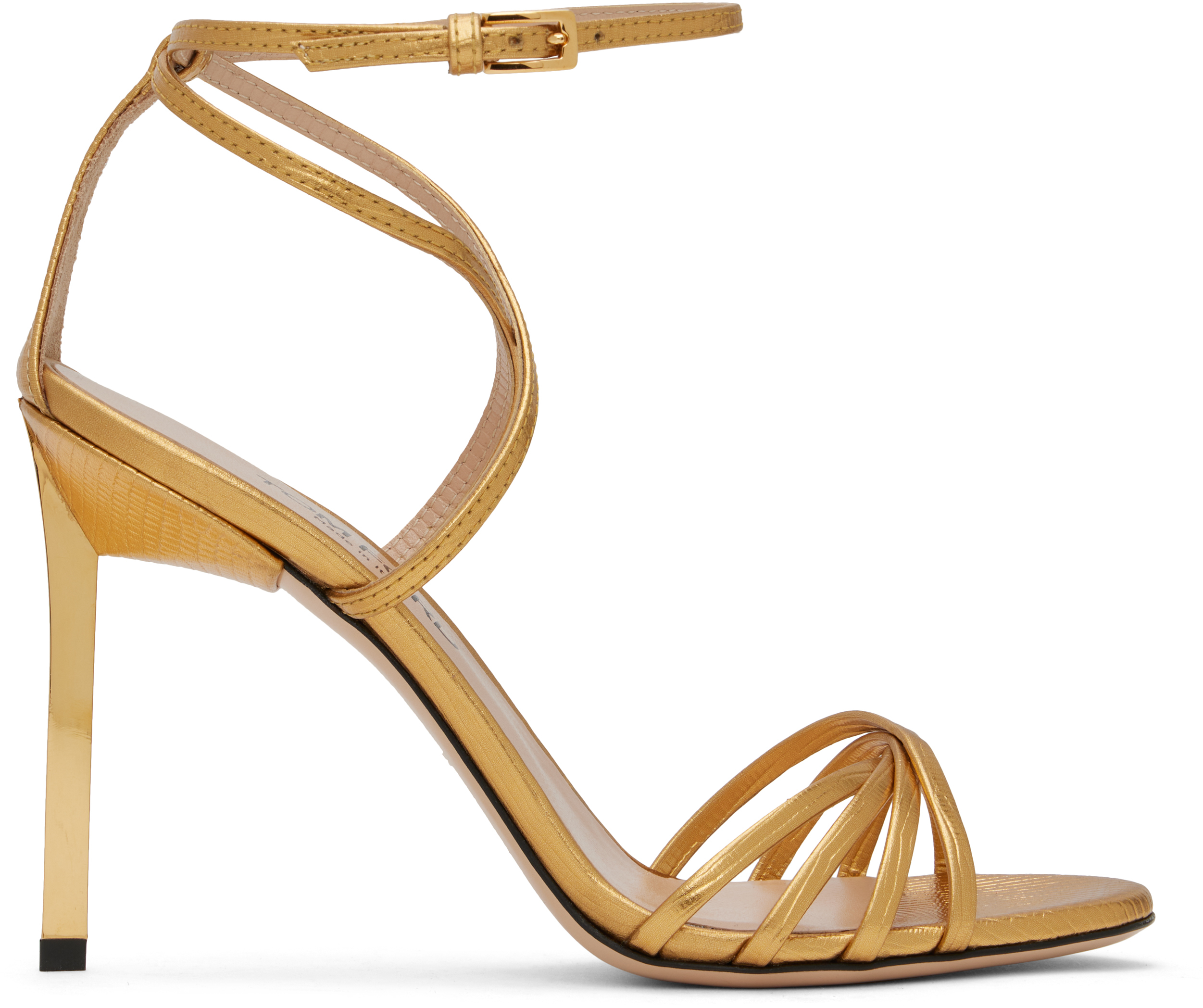 Gold Laminated Printed Lizard Ida Heeled Sandals