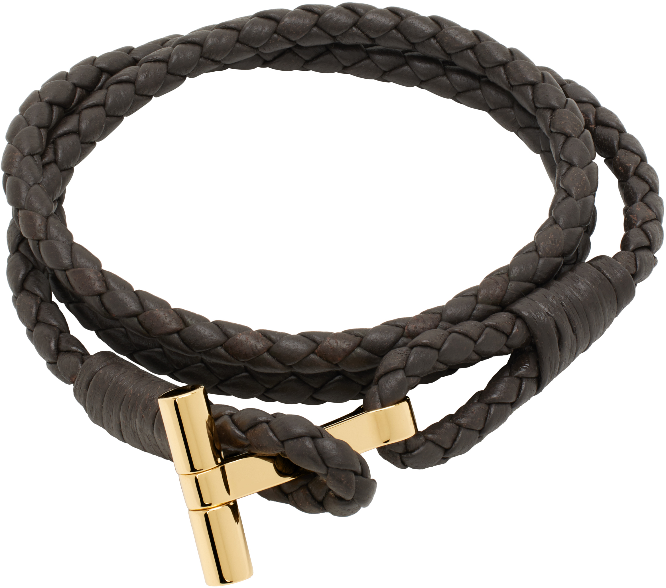 Brown Braided T Leather Bracelet