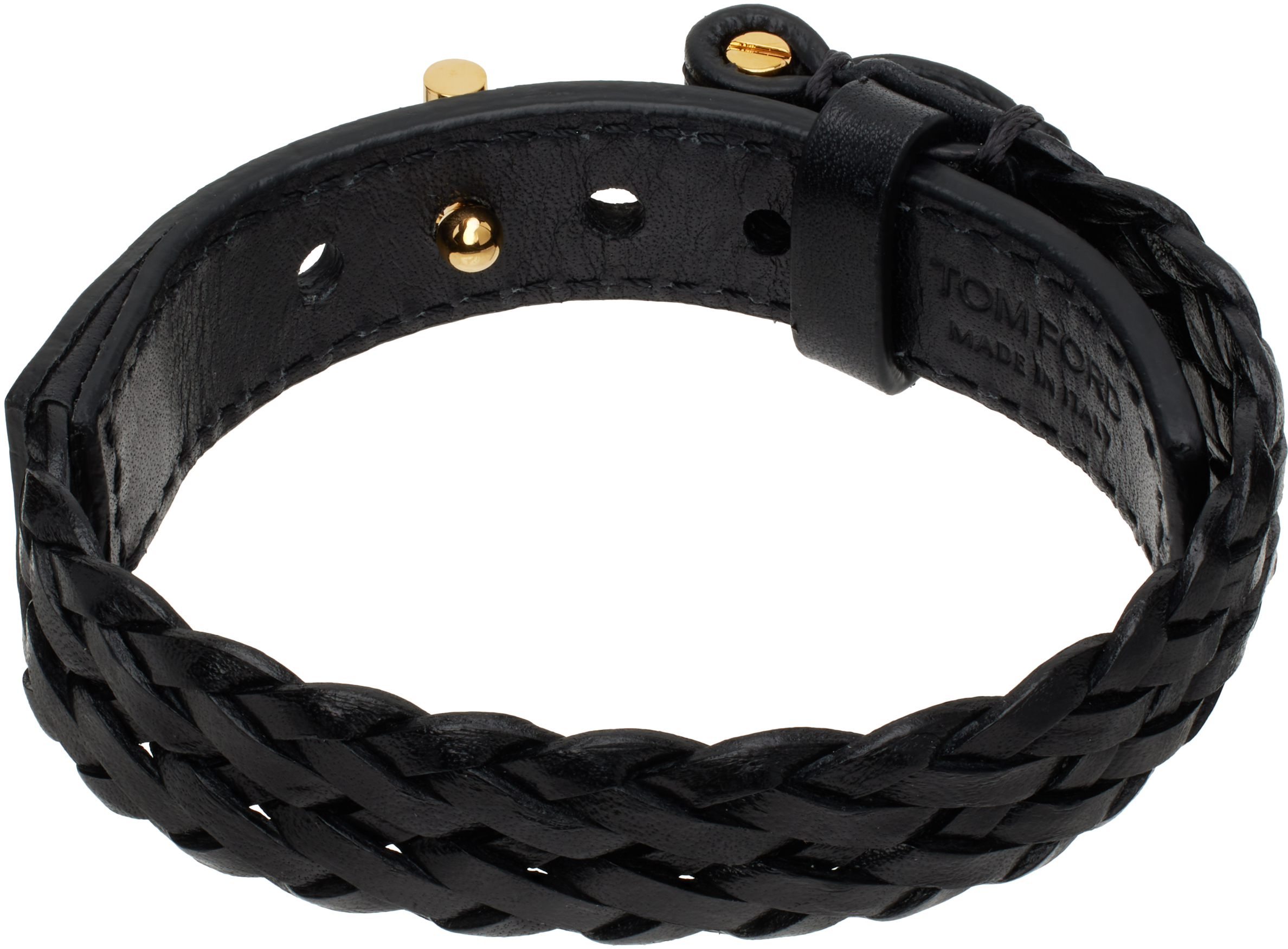 Tom Ford Black Woven Leather T Bracelet