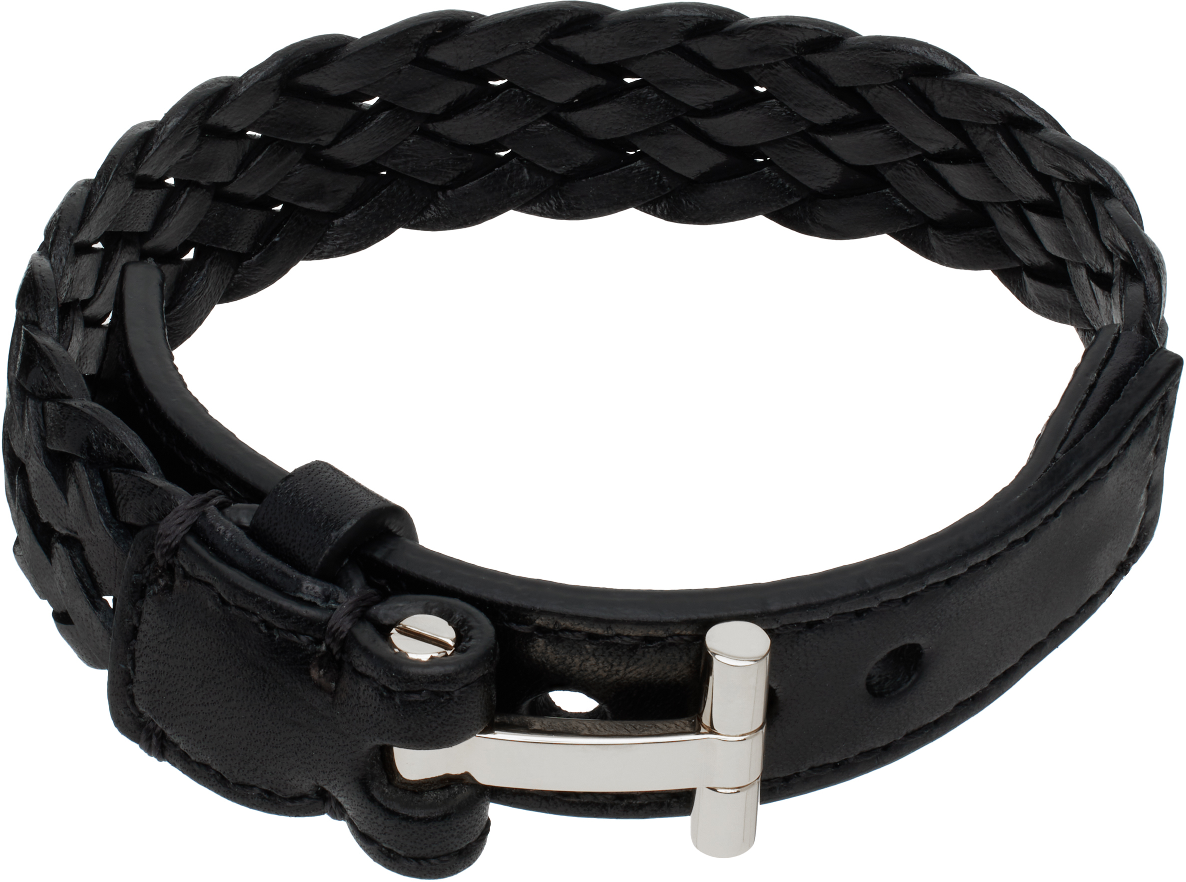 Tom Ford Black Woven Leather T Bracelet