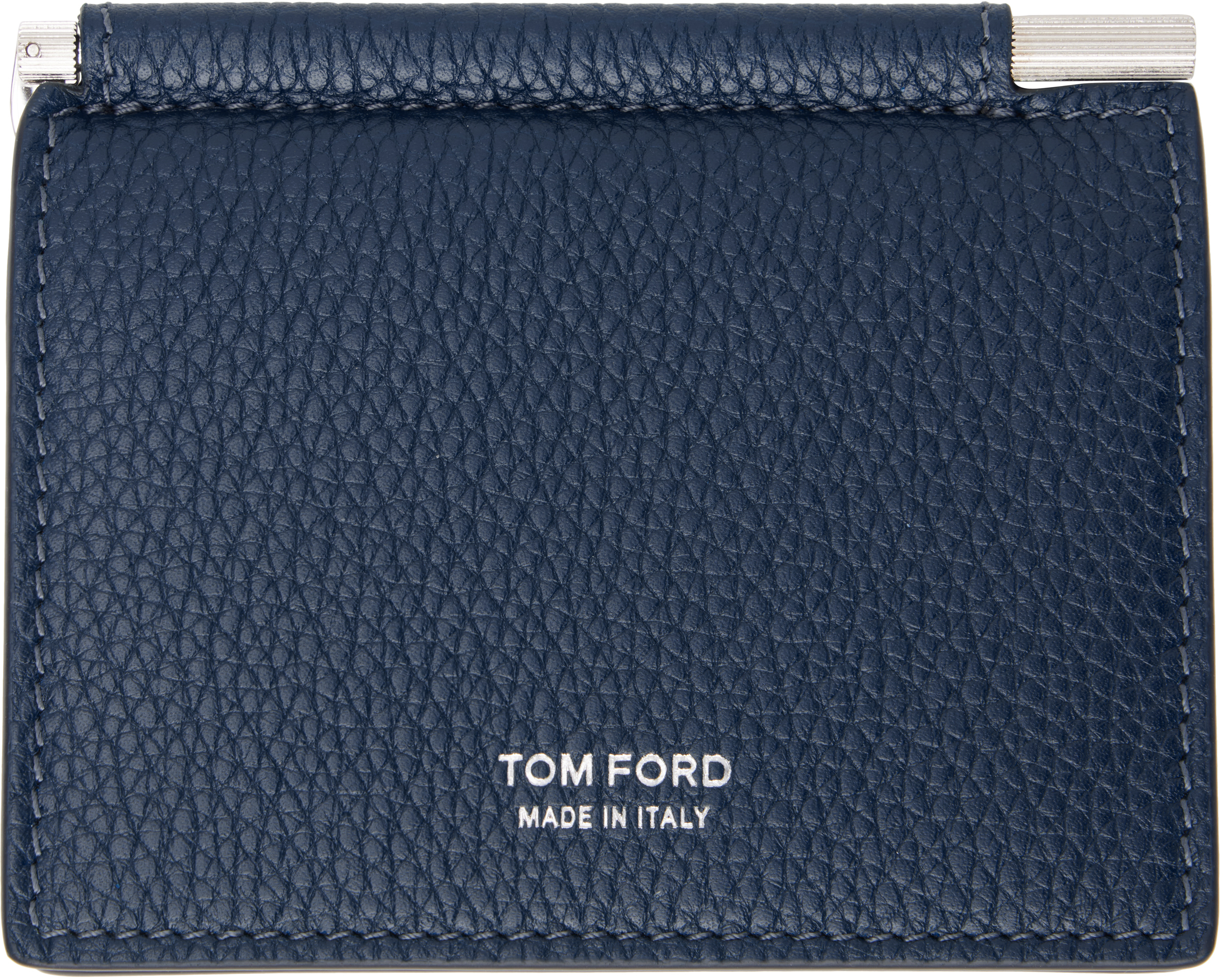Navy Small Grain Leather Money Clip Card Holder
