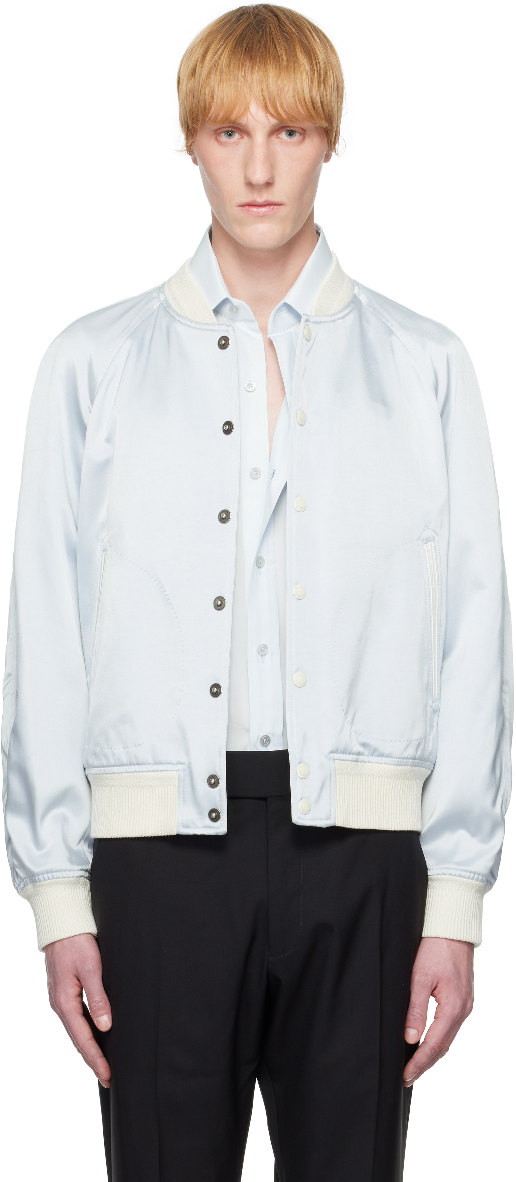 Tom Ford Blue Shiny Satin Bomber Jacket