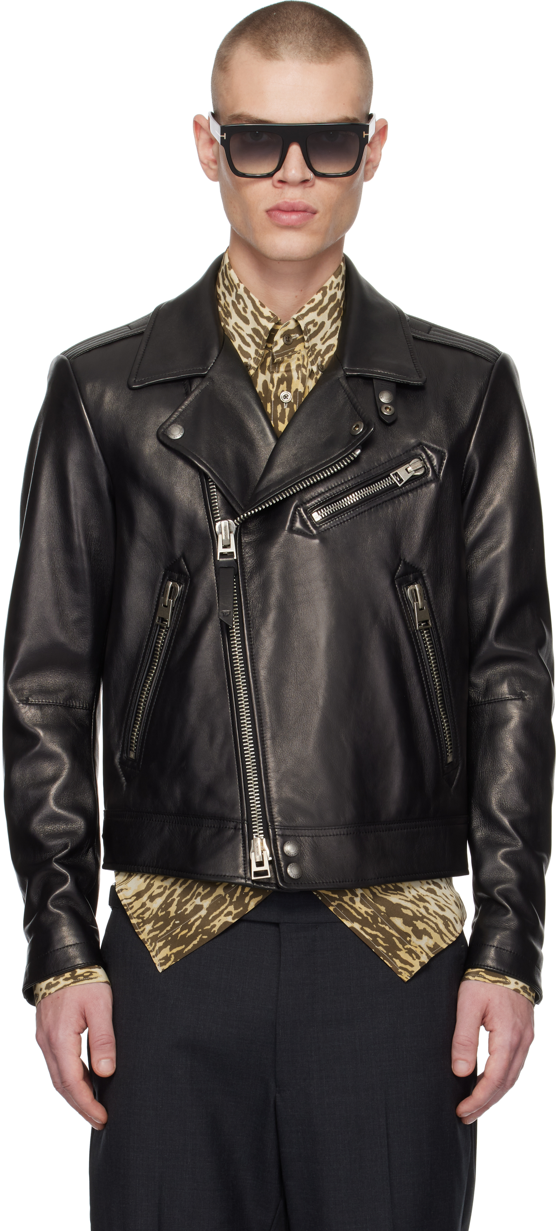 TOM FORD: Black Grain Leather Asymmetric Biker Jacket SSENSE