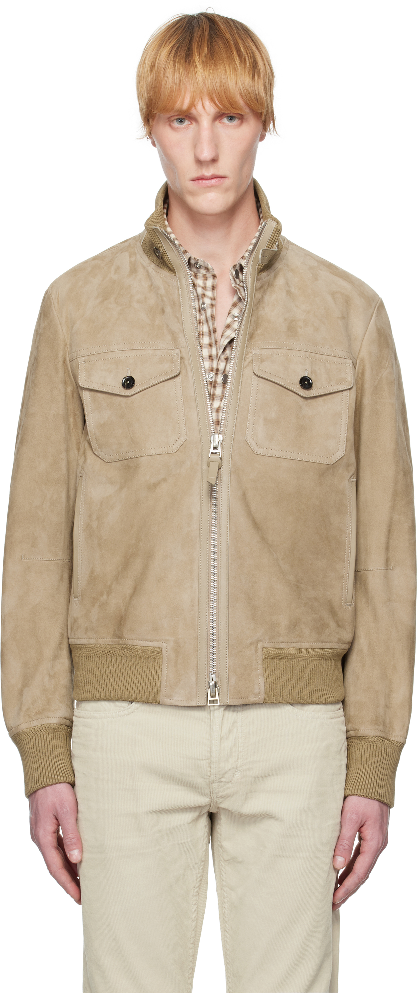 Tom Ford Khaki Chest Pocket Suede Bomber Jacket