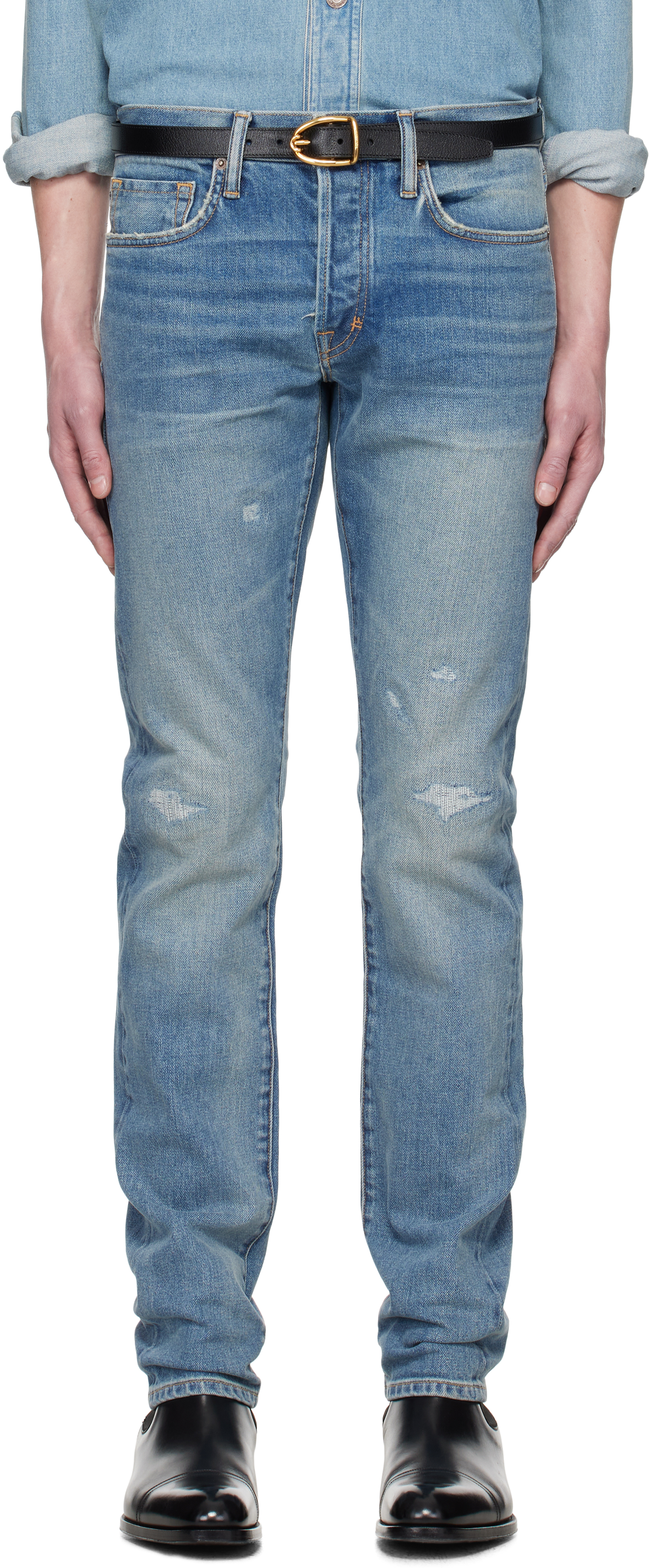 Tom Ford Blue Selvedge 'rip And Repair' Straight Fit Jeans