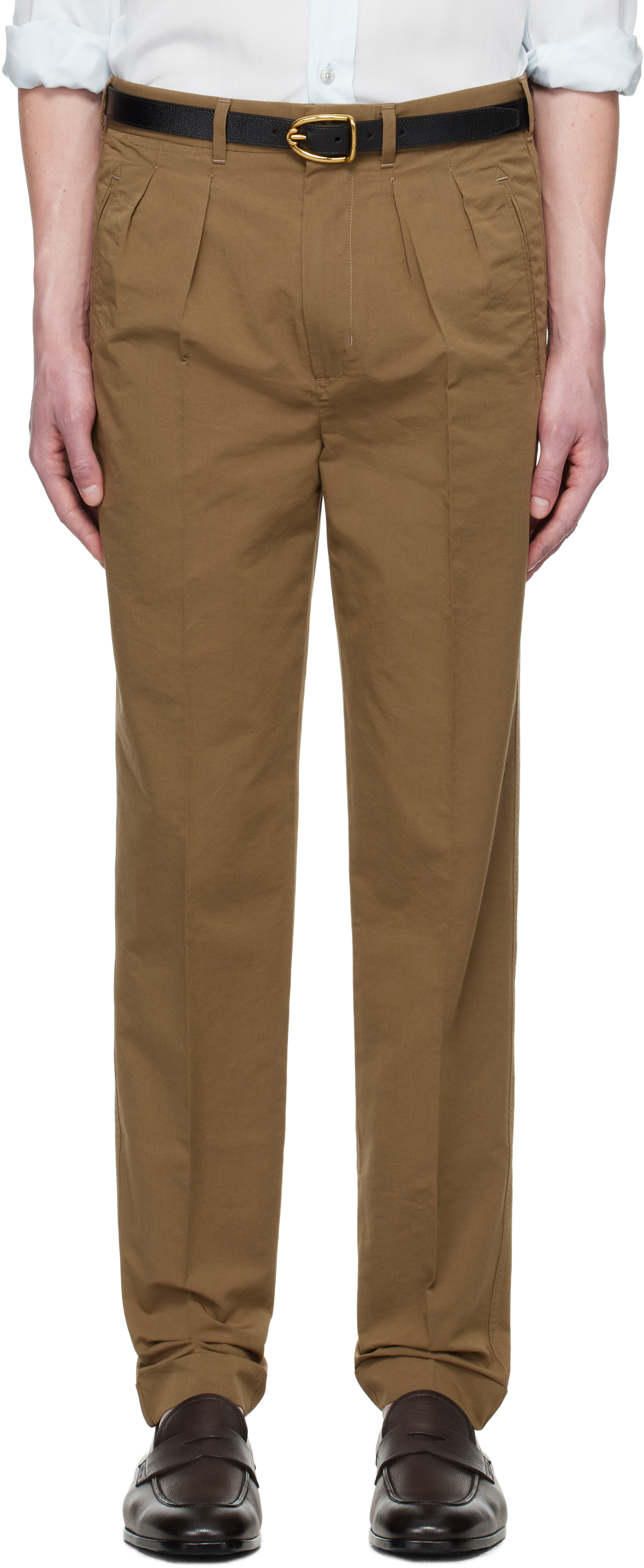 Tan Fluid Poplin Double Pleat Trousers