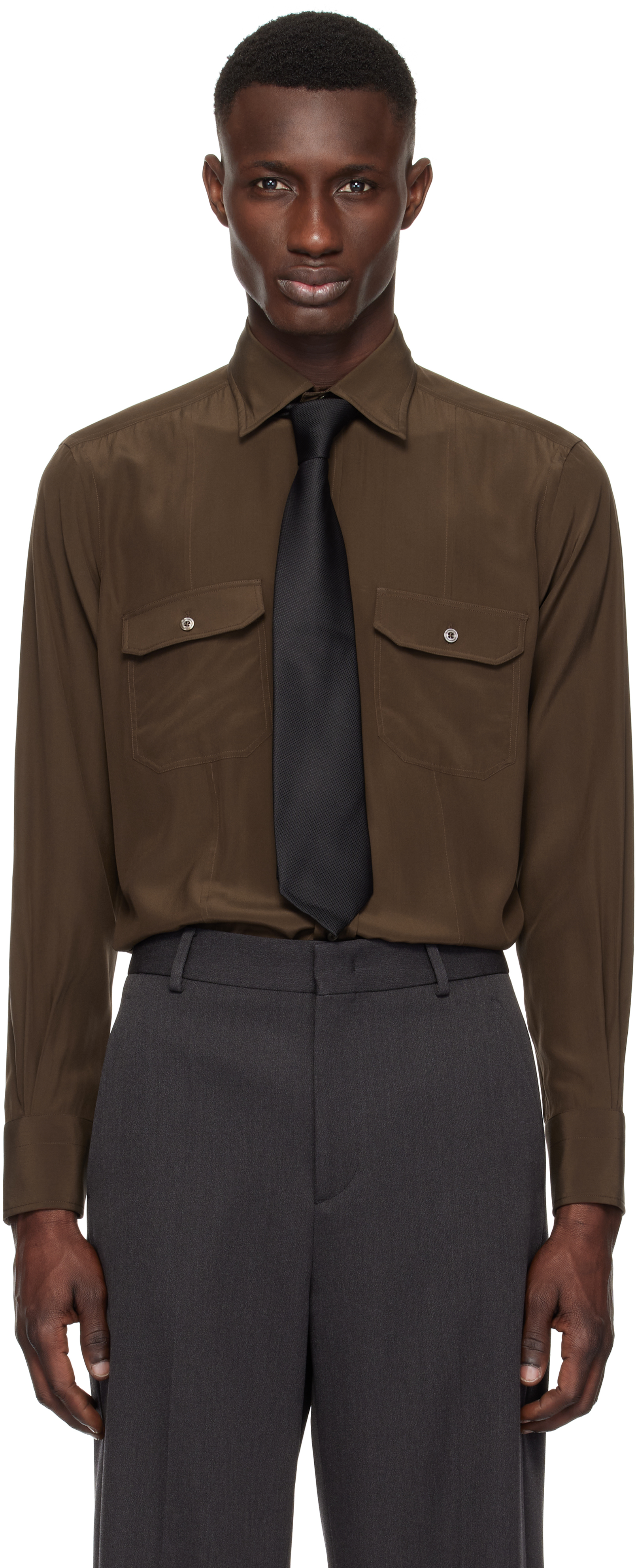 Brown Silk Charmeuse Military Fit Shirt