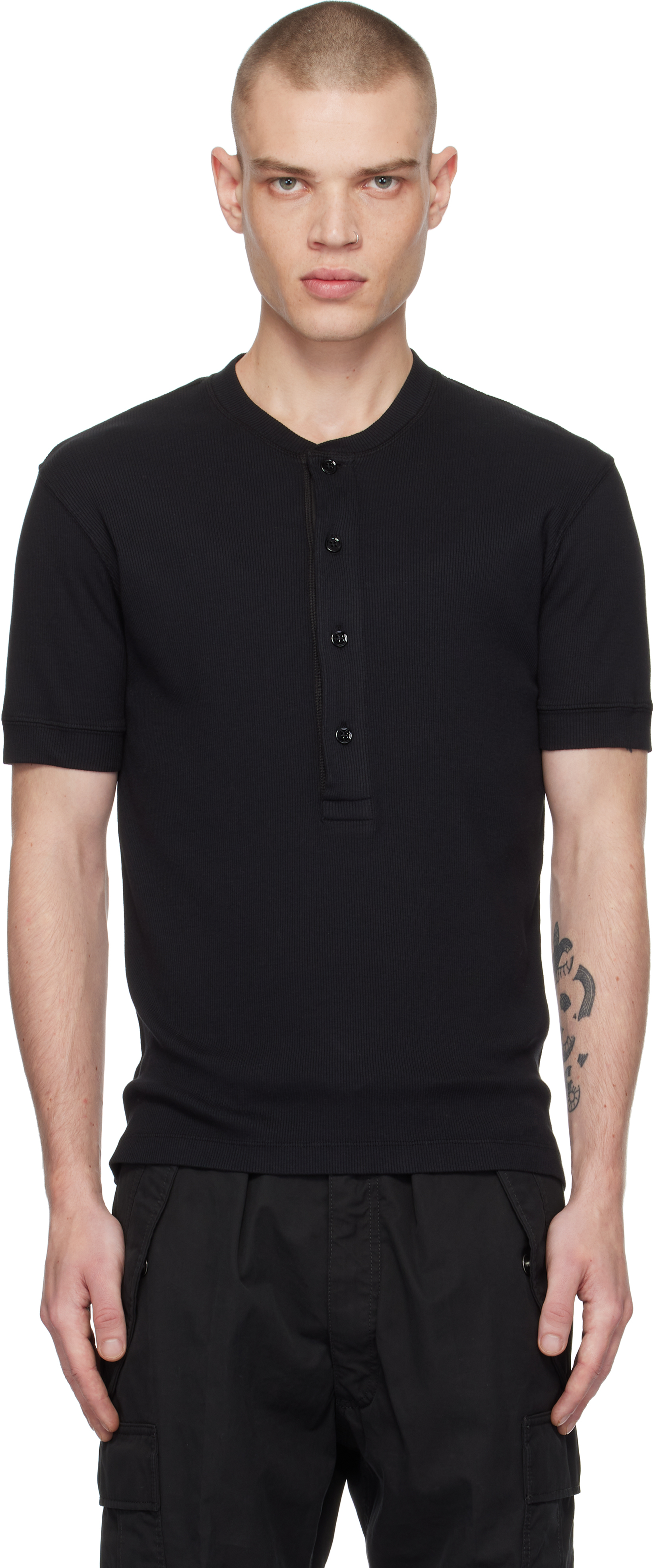 Black Cotton Modal Rib Henley