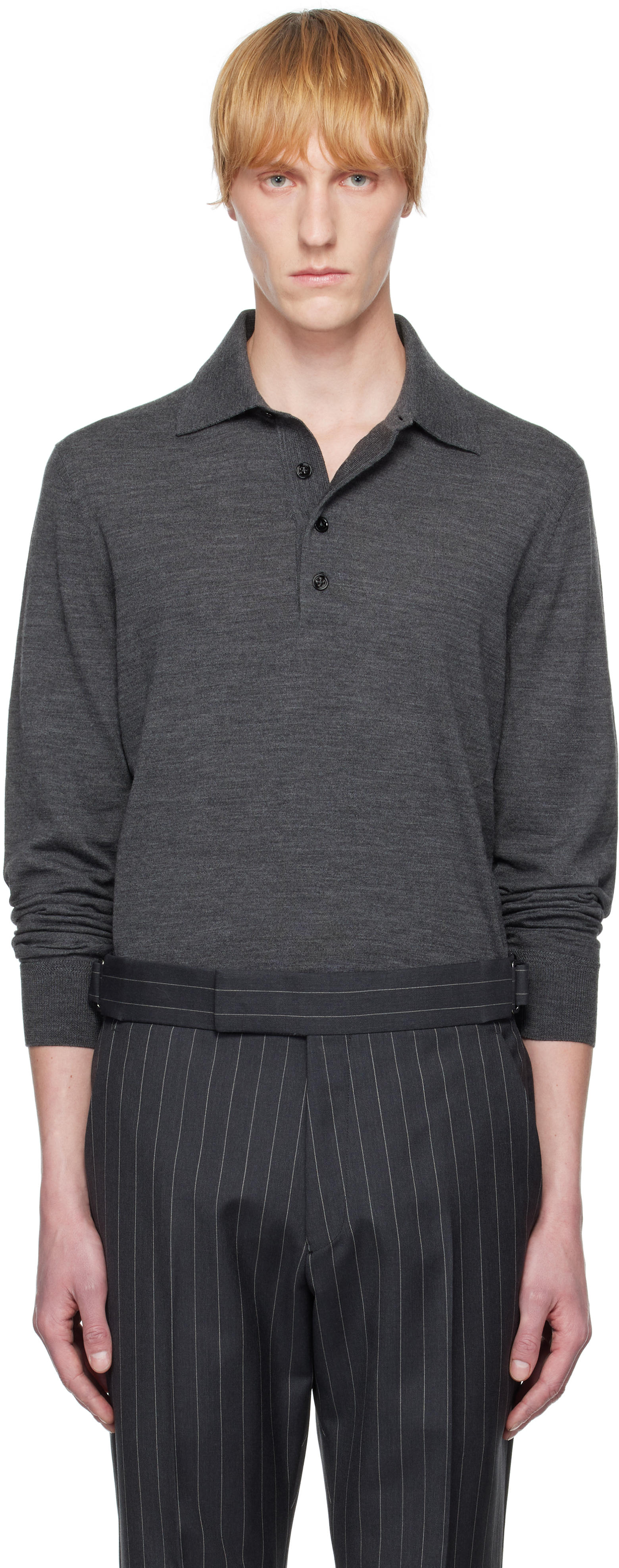 Gray Fine Gauge Pure Wool Polo