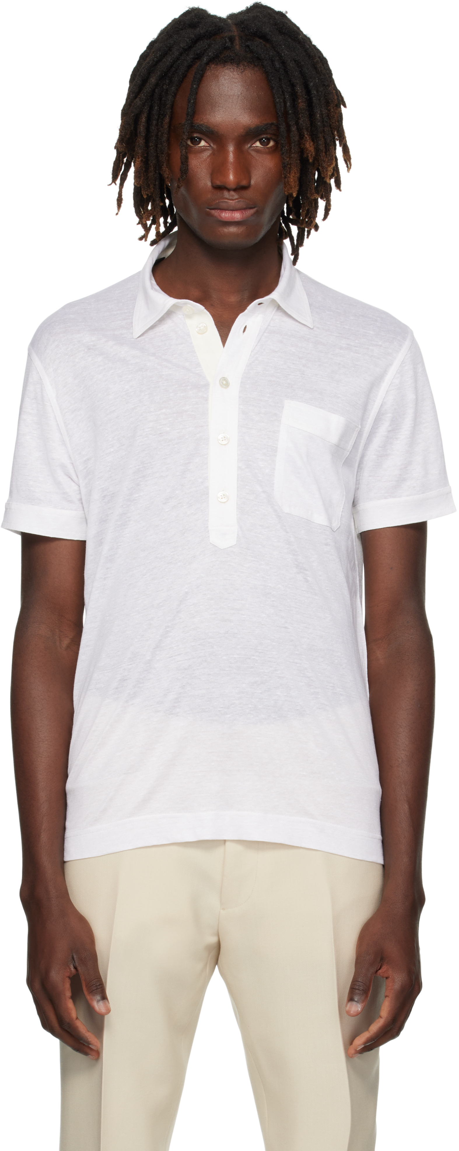 Tom Ford White Silk & Linen Polo In White