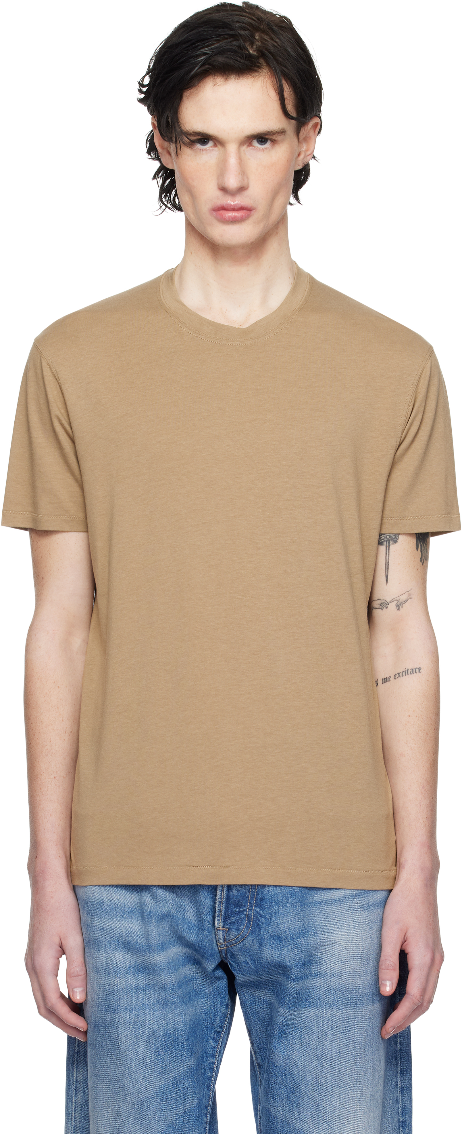 Beige Lyocell Cotton Crew T-shirt by TOM FORD on Sale