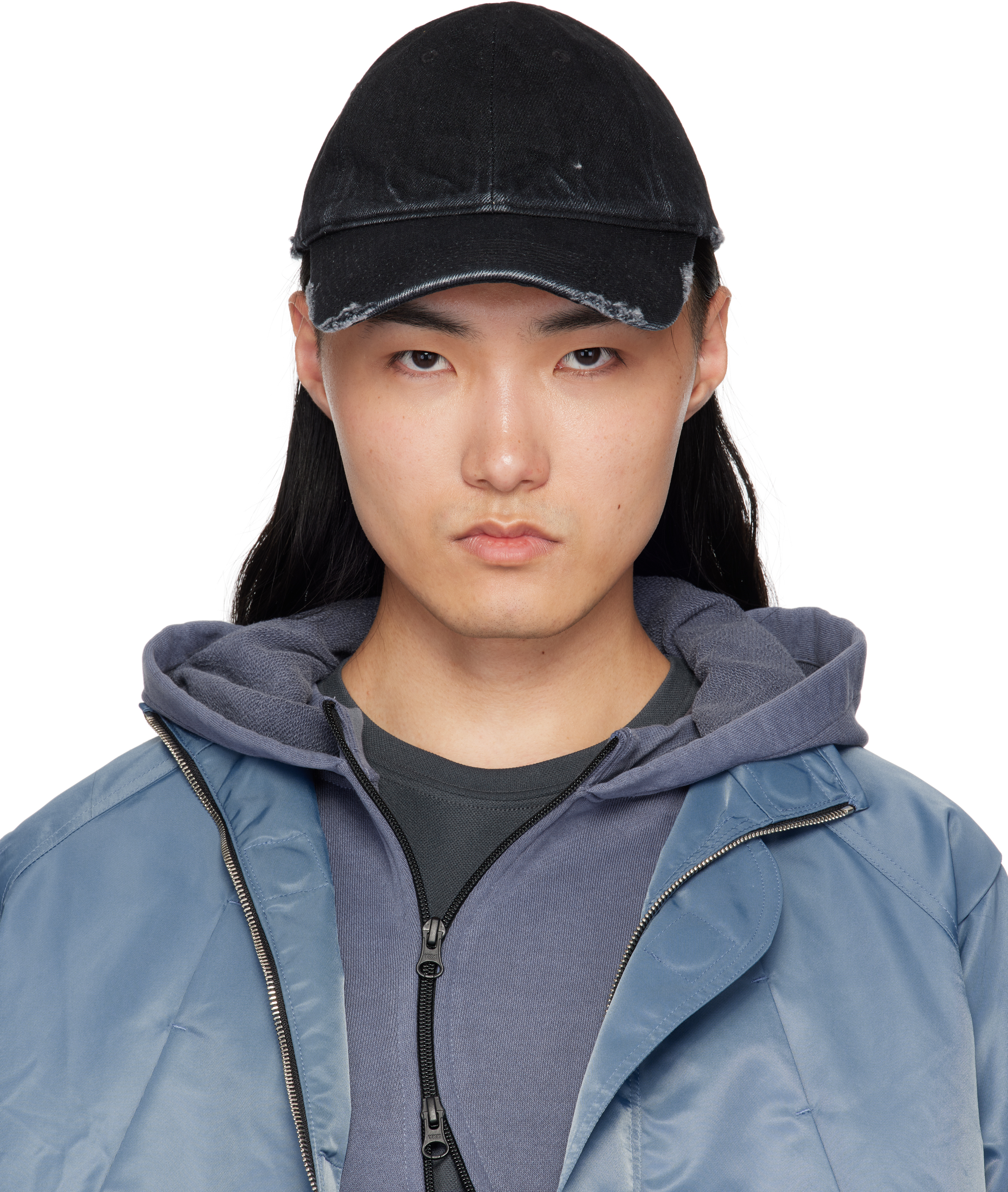 Black Damaged Denim Cap