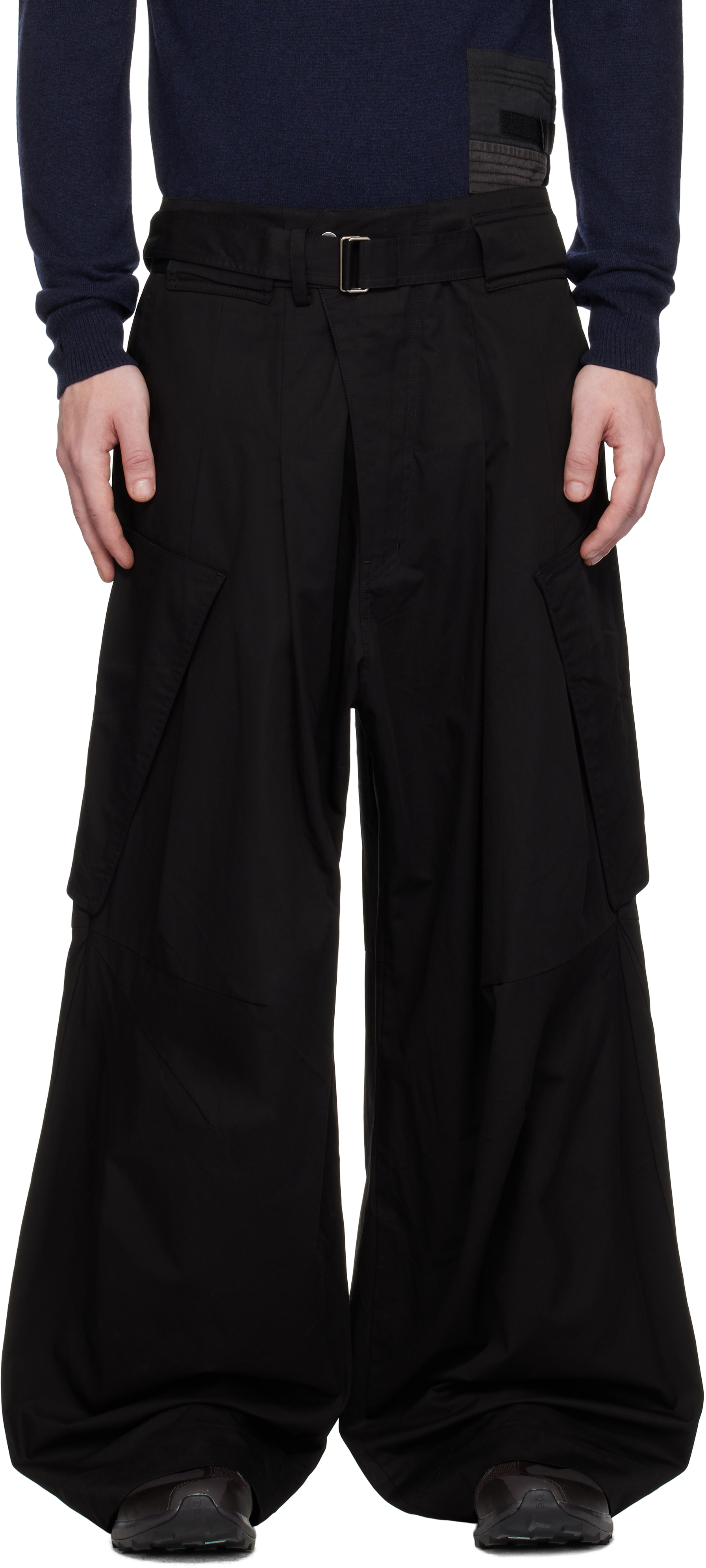 Black Wide Belted Draped Pocket Trousers