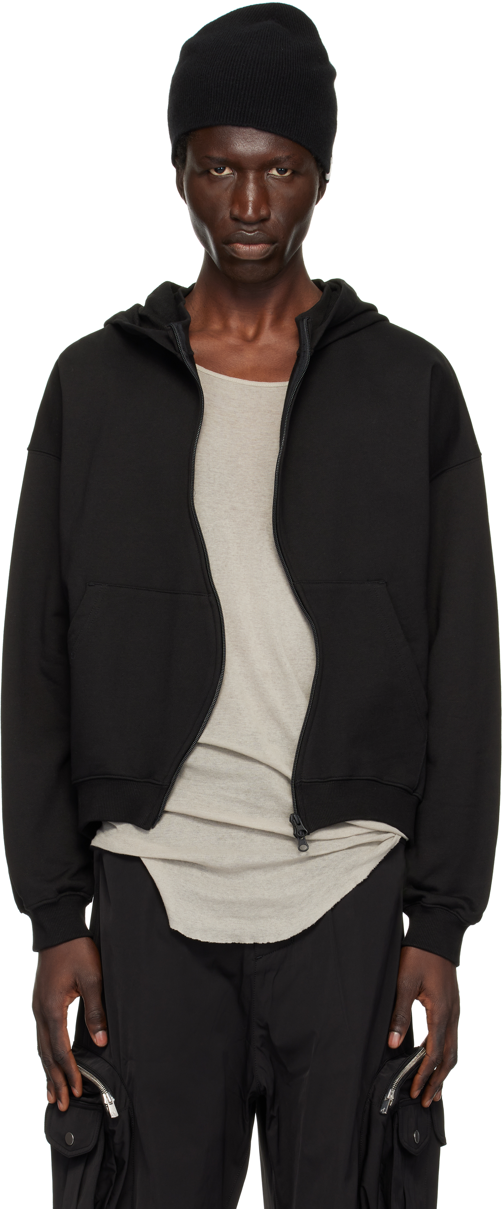 Black Curved Zip-Up Hoodie