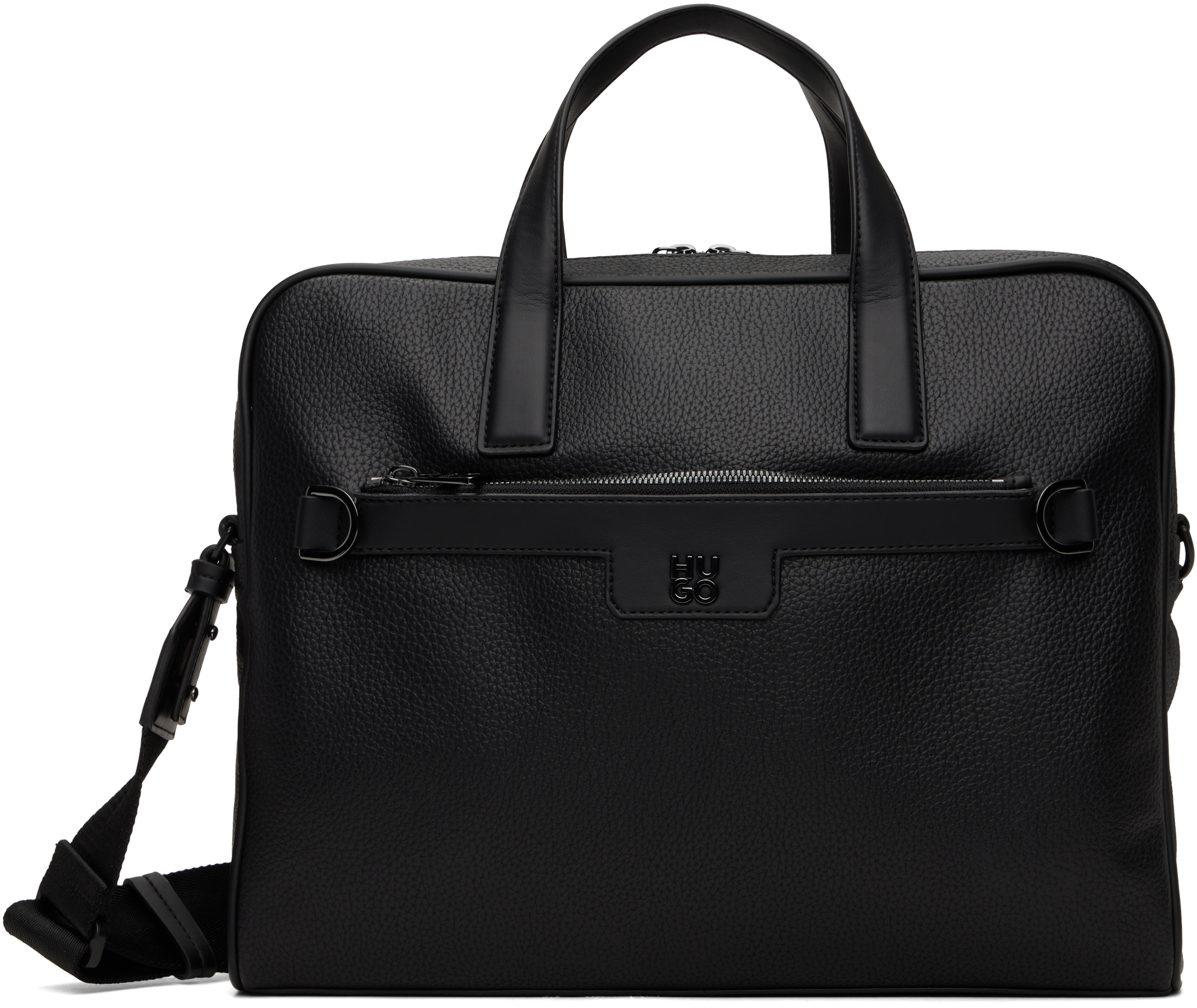 Black Grained Faux-Leather Stacked Logo Briefcase