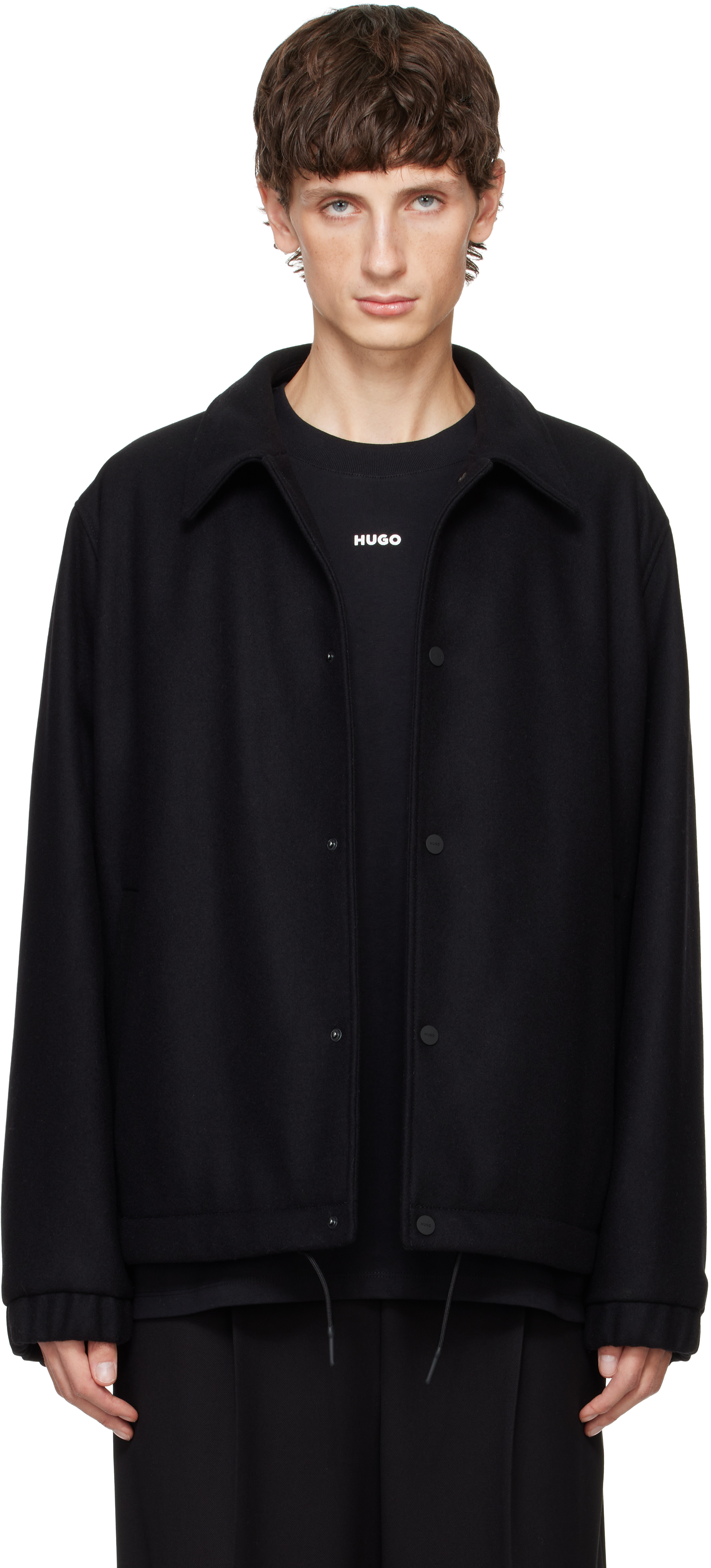 Hugo Black Wool Coach Jacket In 001-black