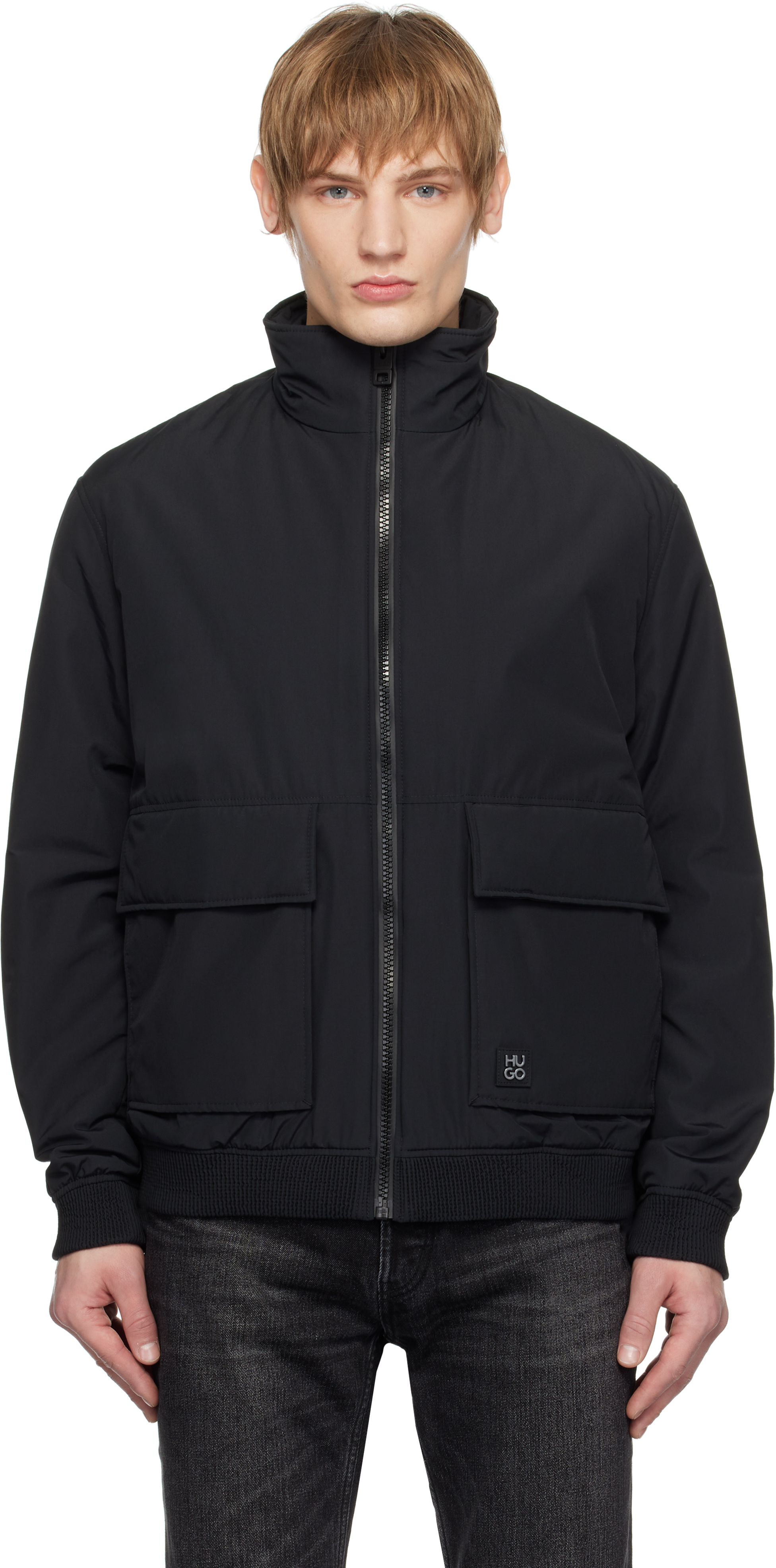 Hugo Black Water-repellent Bomber Jacket In 001-black