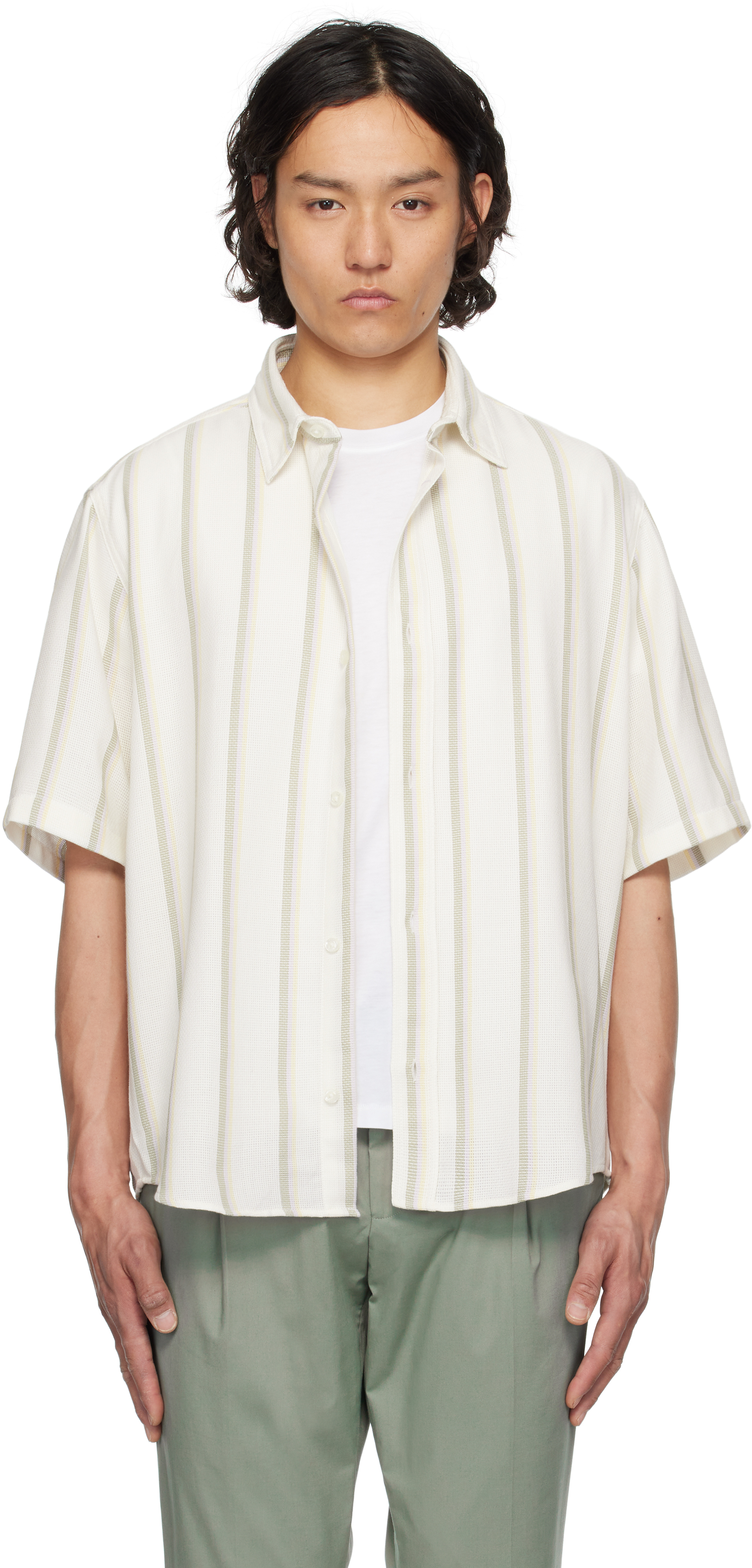 Off-White Loose-Fit Striped Open-Weave Shirt
