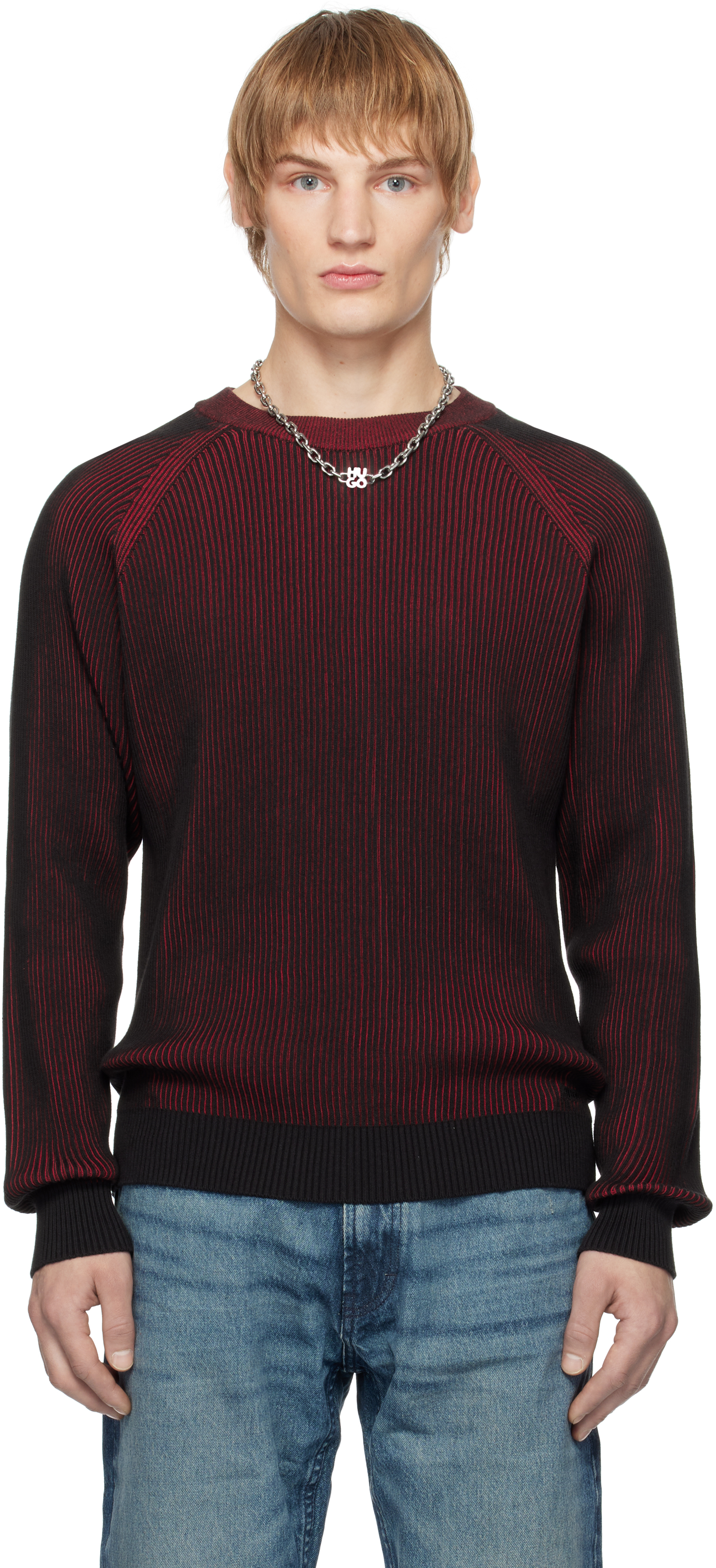 Black & Red Cotton Two-Tone Ribbing Sweater