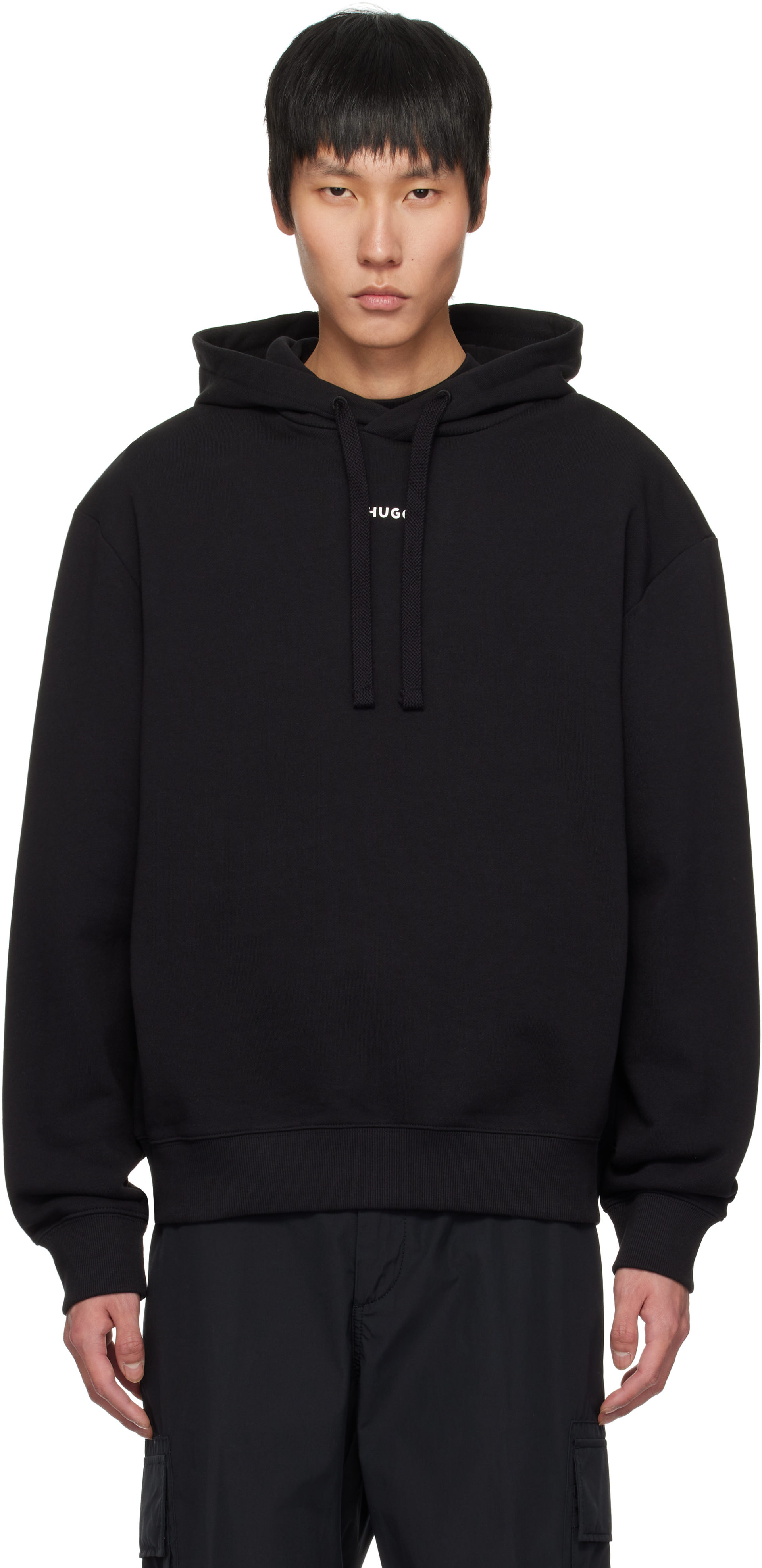 Shop Hugo Boss Black Logo Print Cotton-terry Hoodie In 001-black