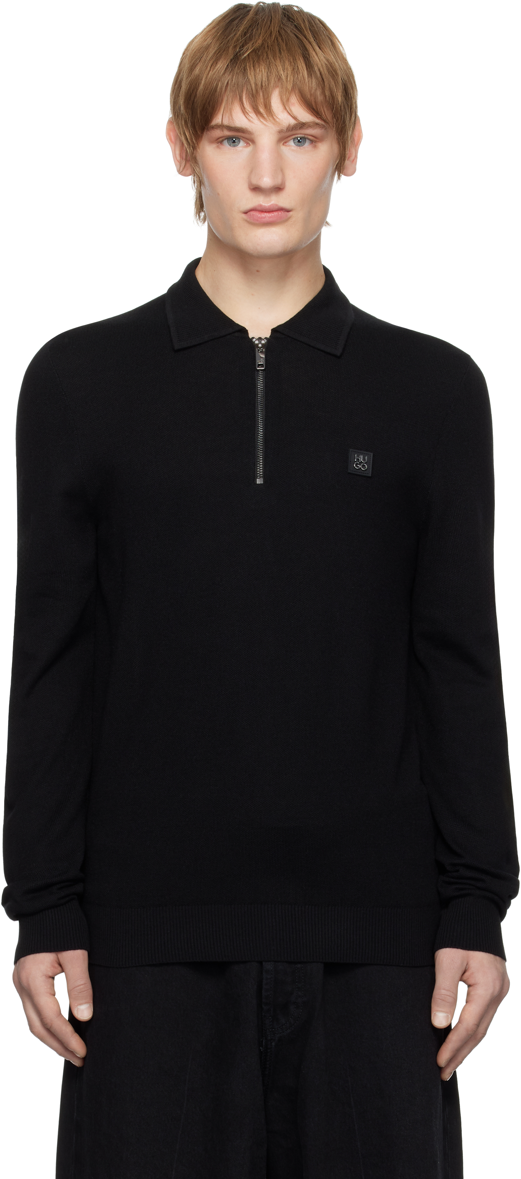 Hugo Black Zip Neck Stacked Logo Polo