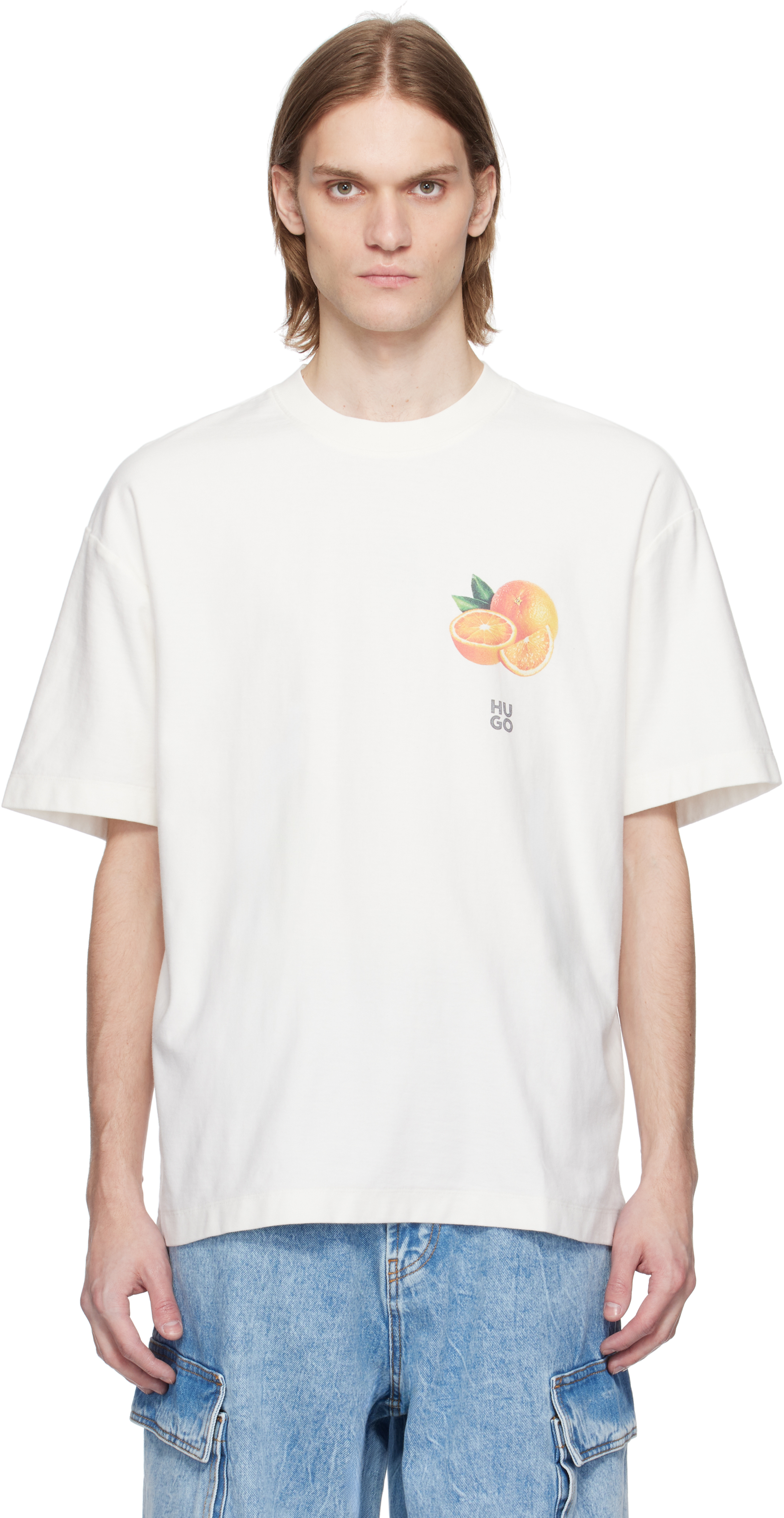 White Cotton Jersey Orange Prints T-shirt