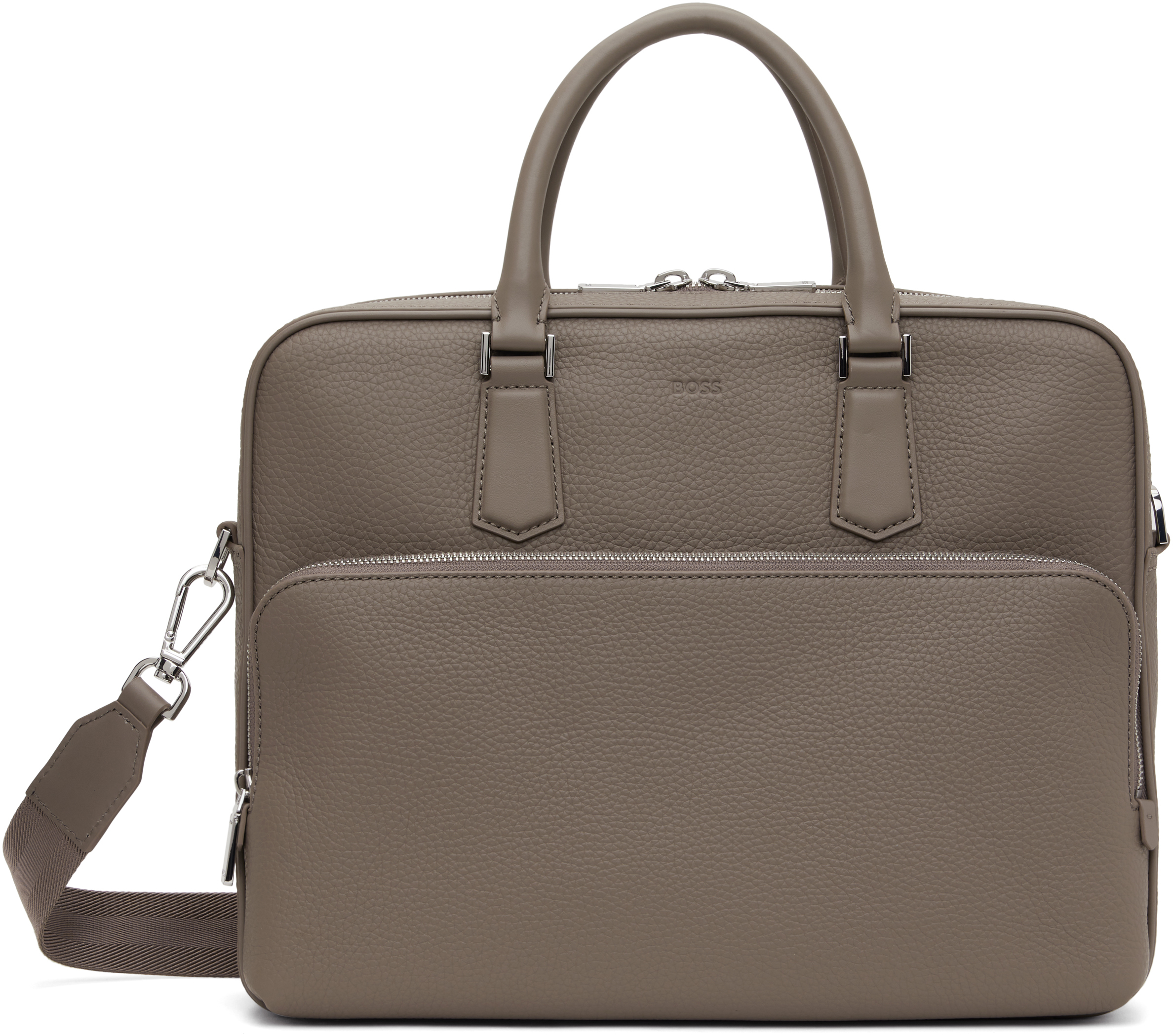 Taupe Leather Embossed Logo Briefcase