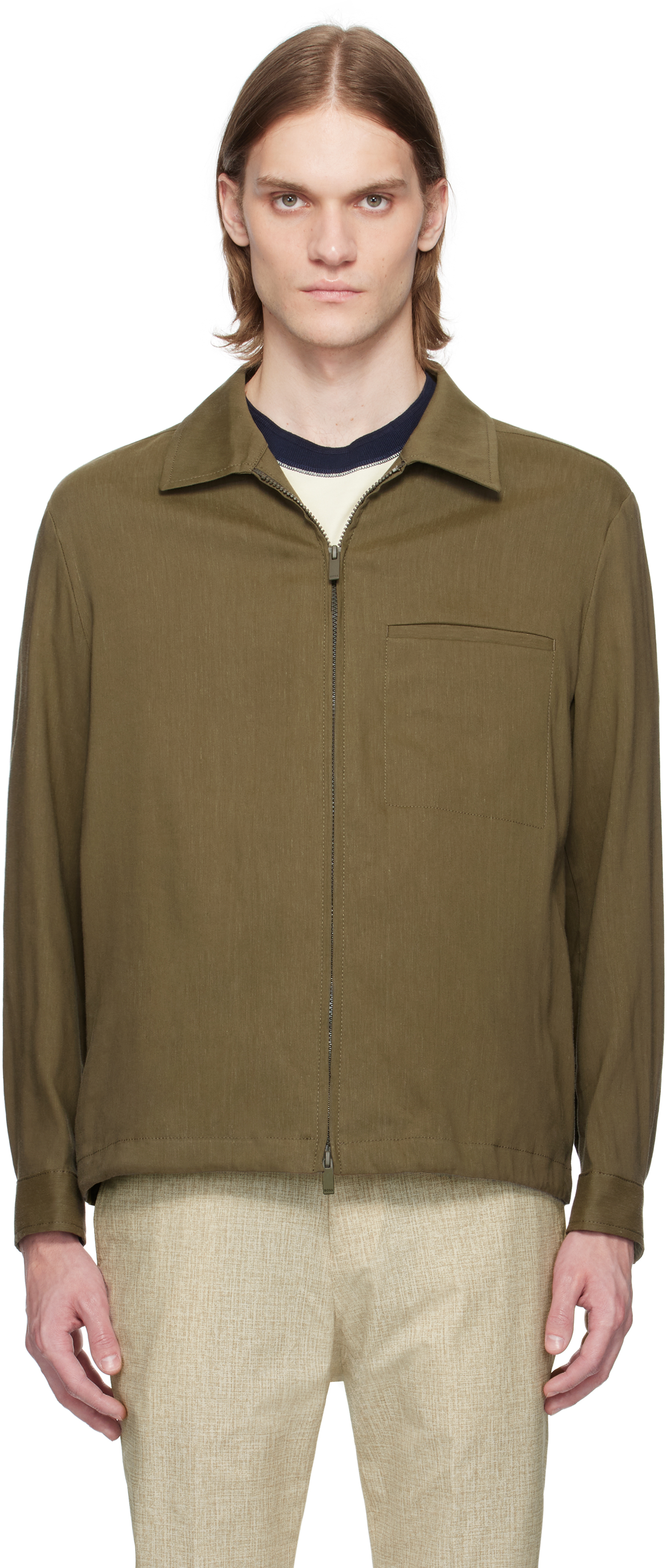 Hugo Boss Khaki Relaxed-fit Zipped Overshirt In 302-dark Green