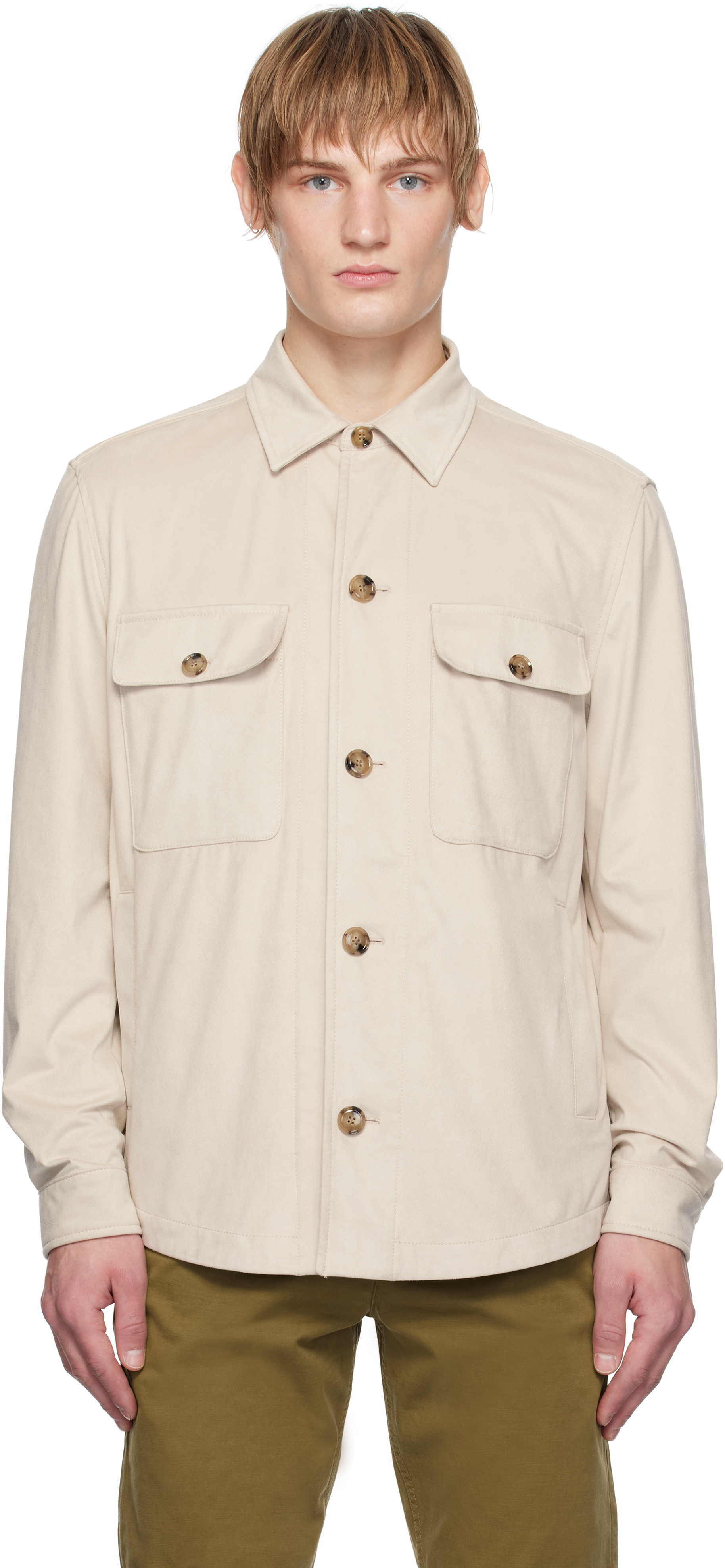 Beige Flap Pocket Faux-Suede Jacket