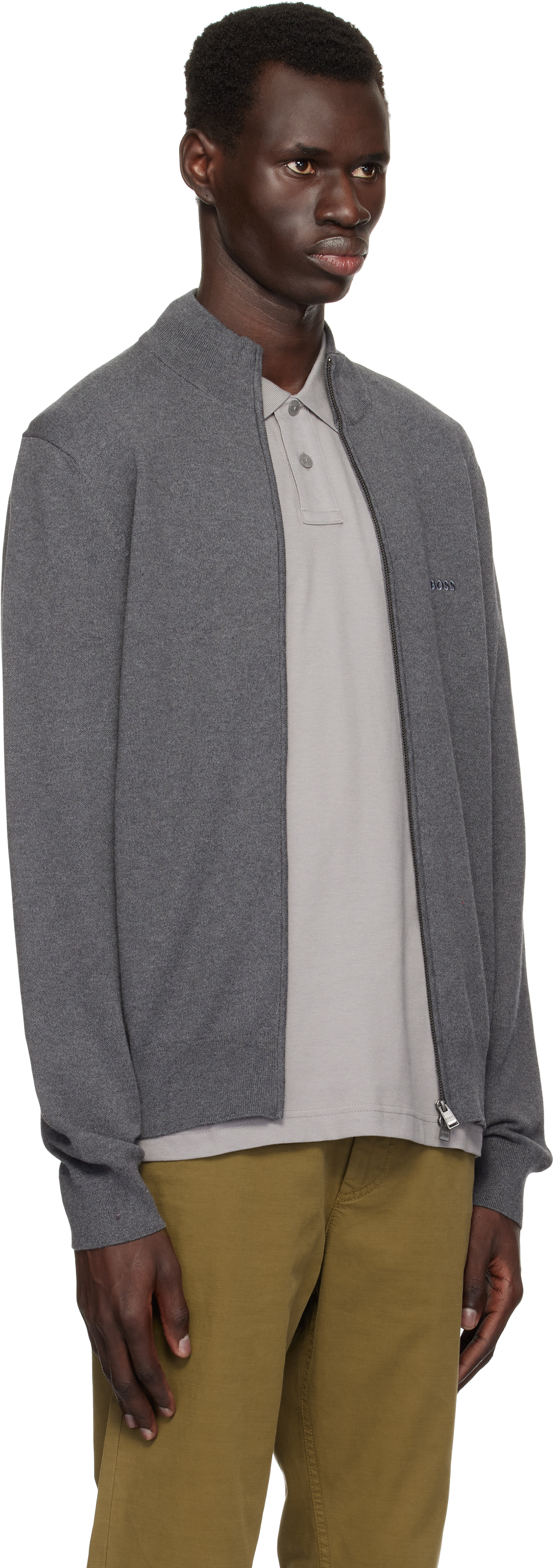 Shop Hugo Boss Gray Zip-up Embroidered Logo Sweater In 030-medium Grey