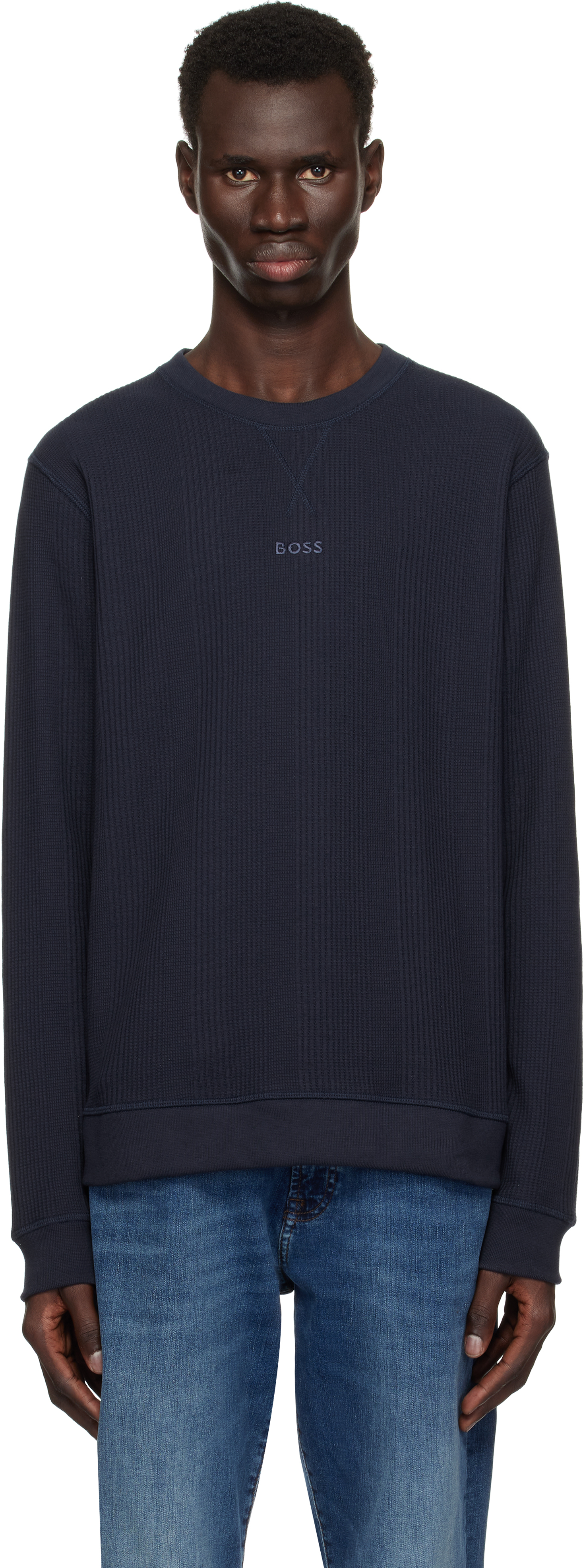 【関税込み】BOSS ネイビー ワッフル スウェットシャツ BOSSのネイビー ワッフル スウェットシャツがセール中