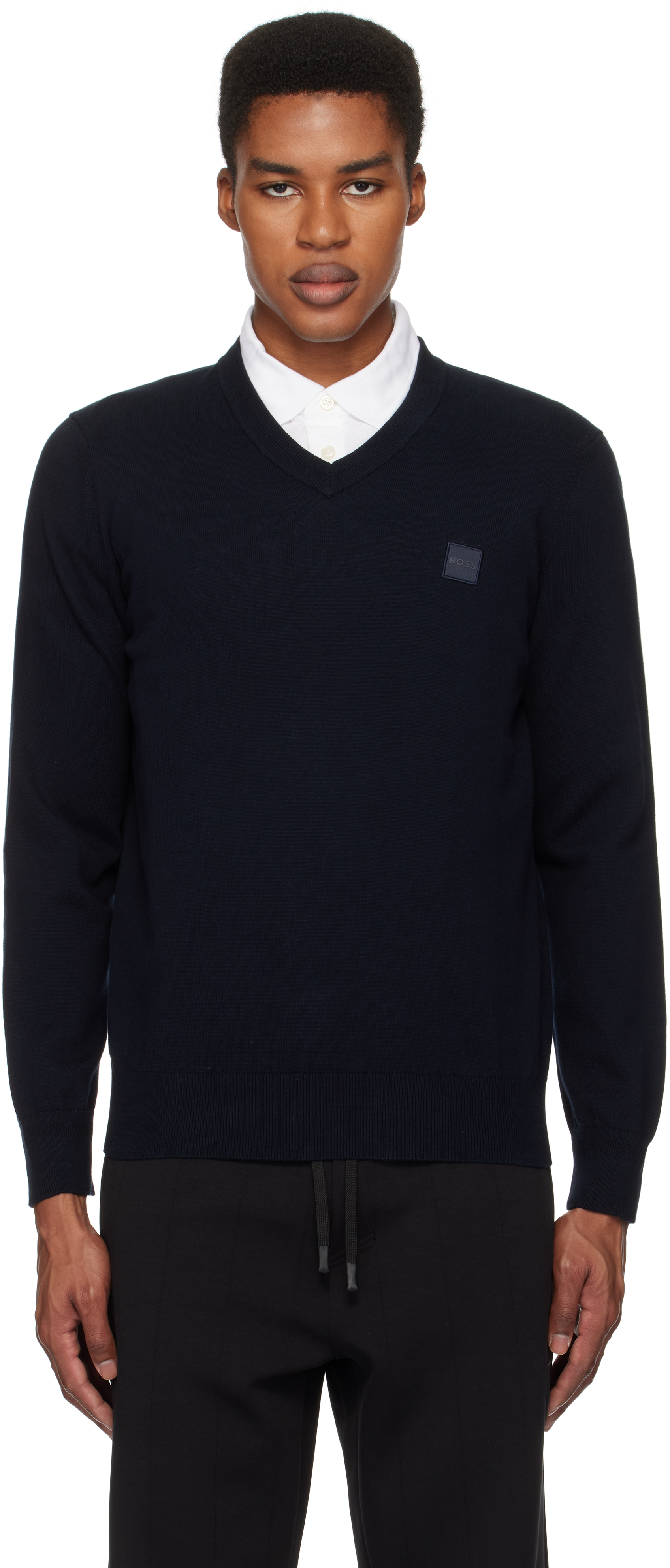 Hugo Boss Navy V-neck Logo Patch Sweater In 404-dark Blue