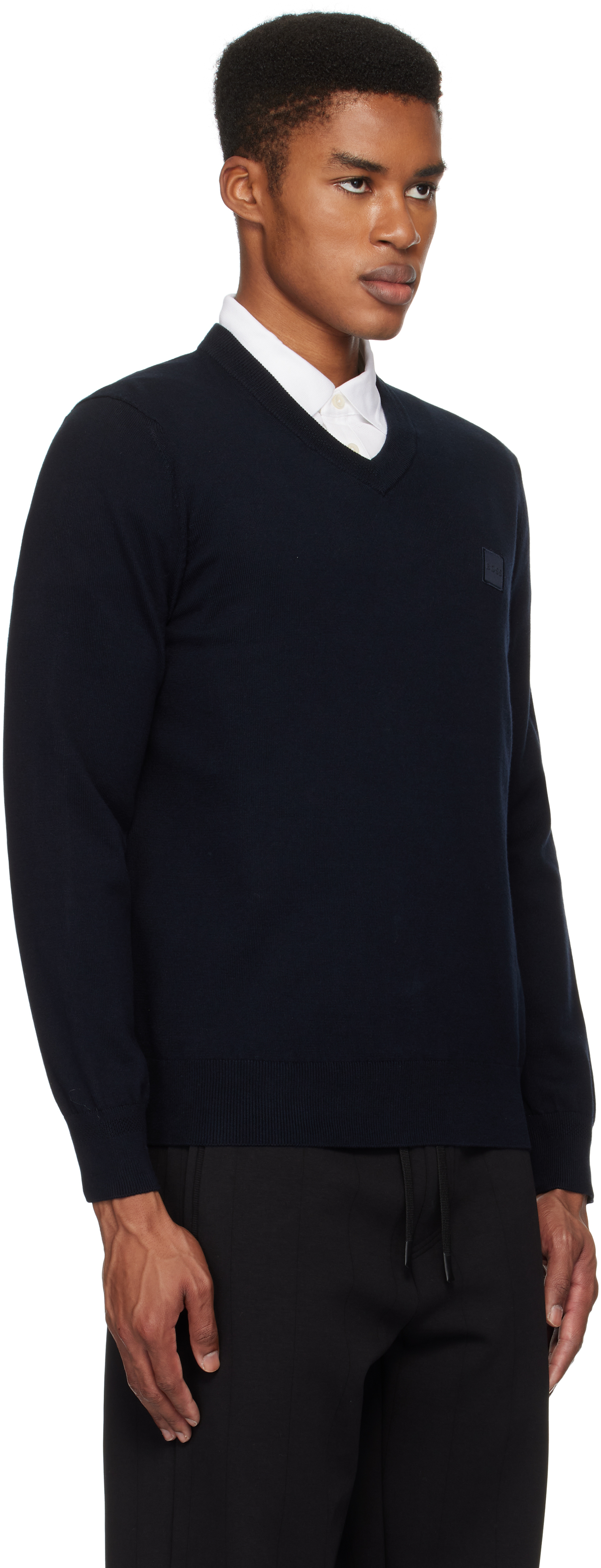 Shop Hugo Boss Navy V-neck Logo Patch Sweater In 404-dark Blue
