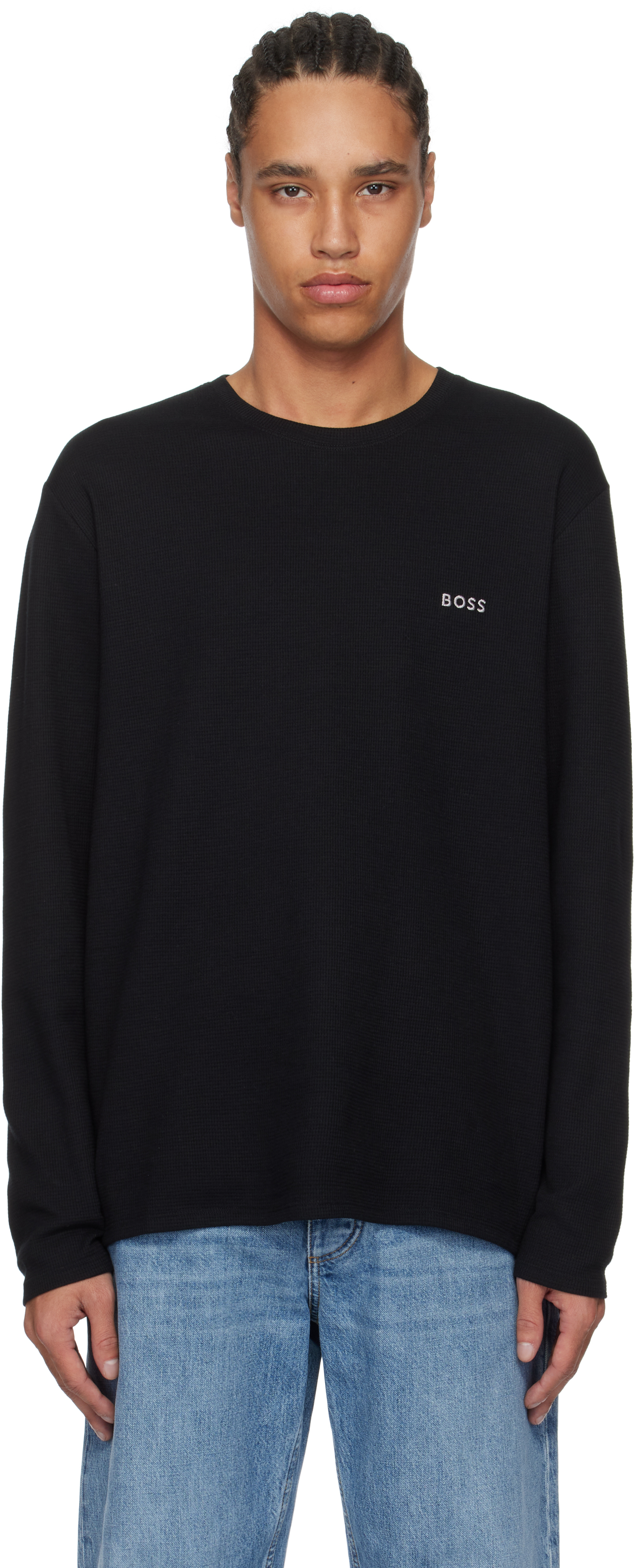 【関税込み】BOSS ブラック ワッフル ストラクチャード Tシャツ BOSS: ブラック ワッフル ストラクチャード Tシャツ | SSENSE 日本