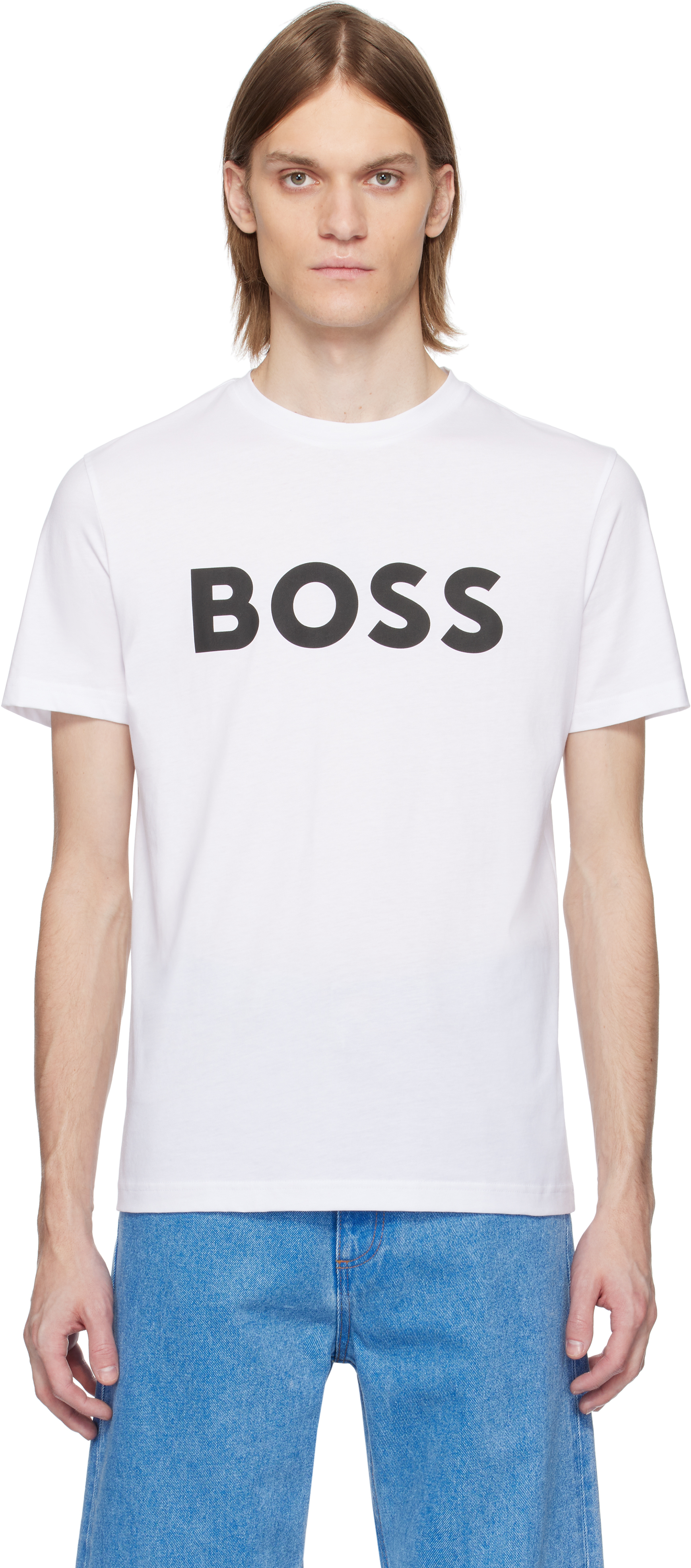 【関税込み】BOSS ホワイト Curved-Logo プリントTシャツ BOSS: ホワイト Curved-Logo プリントTシャツ | SSENSE 日本