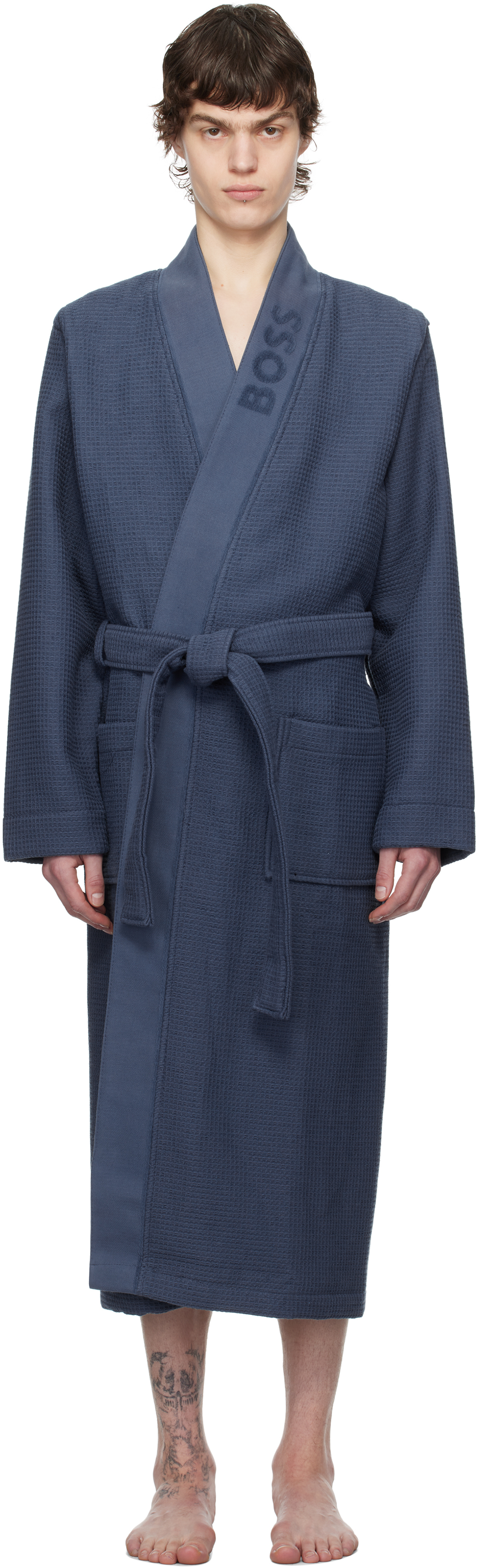 Navy Waffle-Structure Dressing Robe