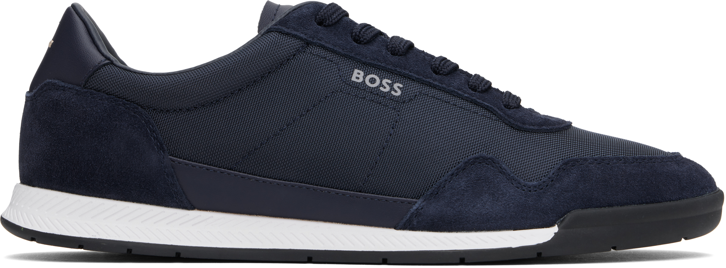 【関税込み】BOSS ネイビー Mixed-Material Lace-Up スニーカー BOSS: ネイビー Mixed-Material Lace-Up スニーカー | SSENSE 日本