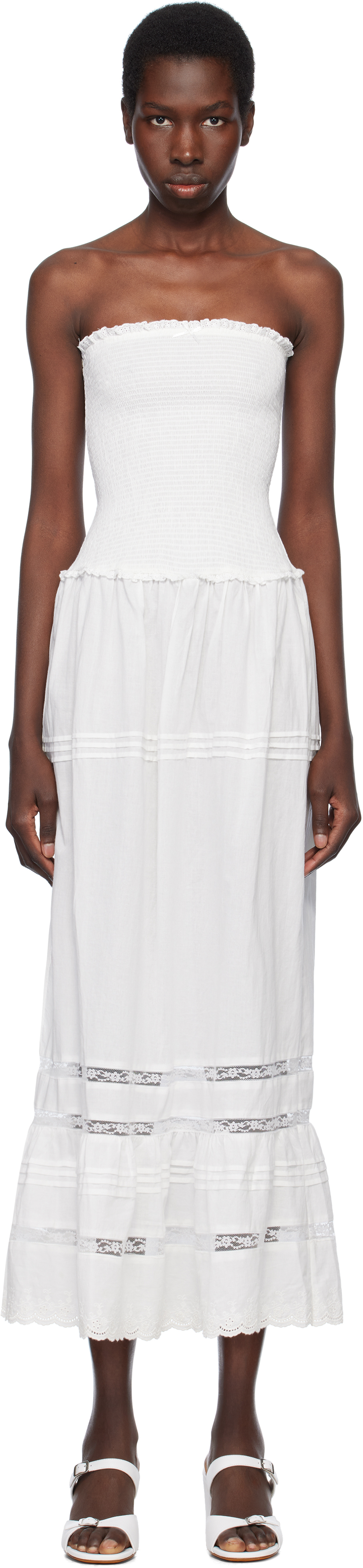 FRANKIES BIKINIS WHITE EMPRESS STRAPLESS SMOCKED MAXI DRESS 