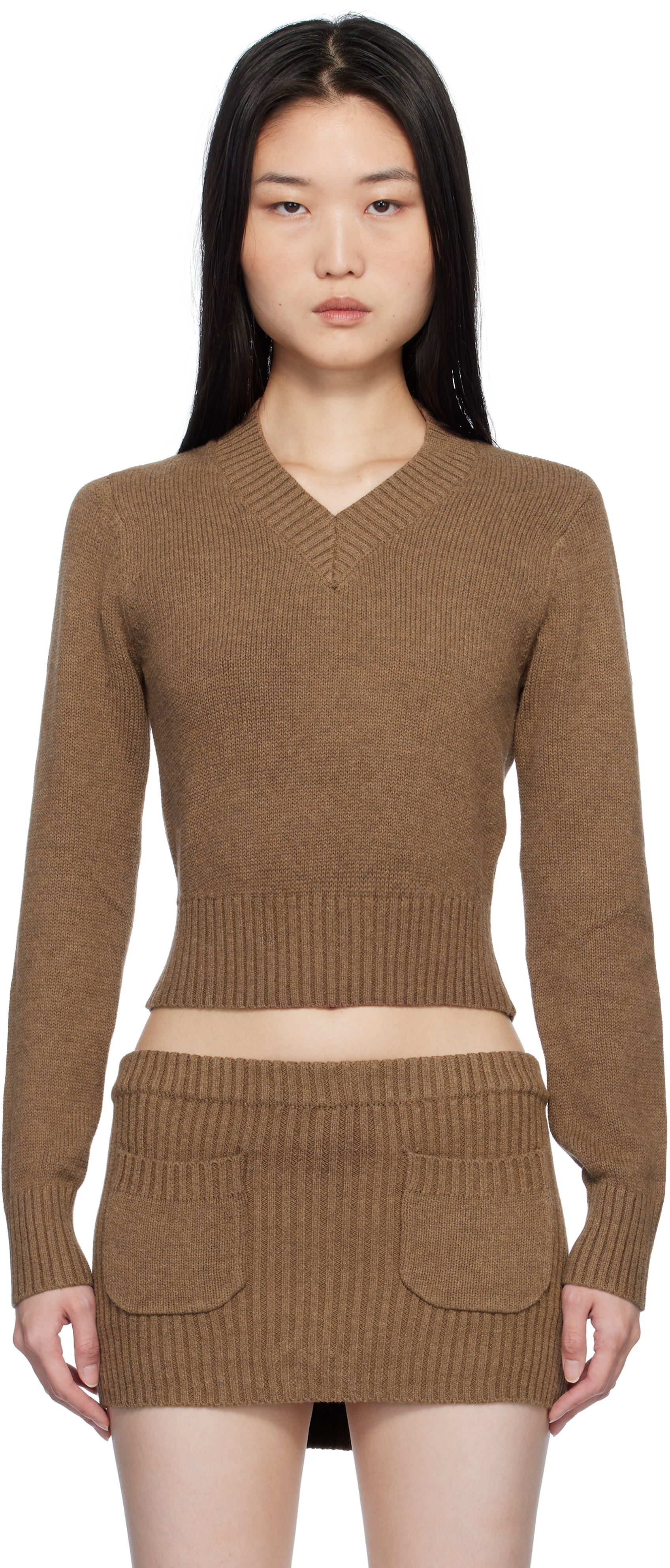 Brown Rowe V Neck Knit Sweater